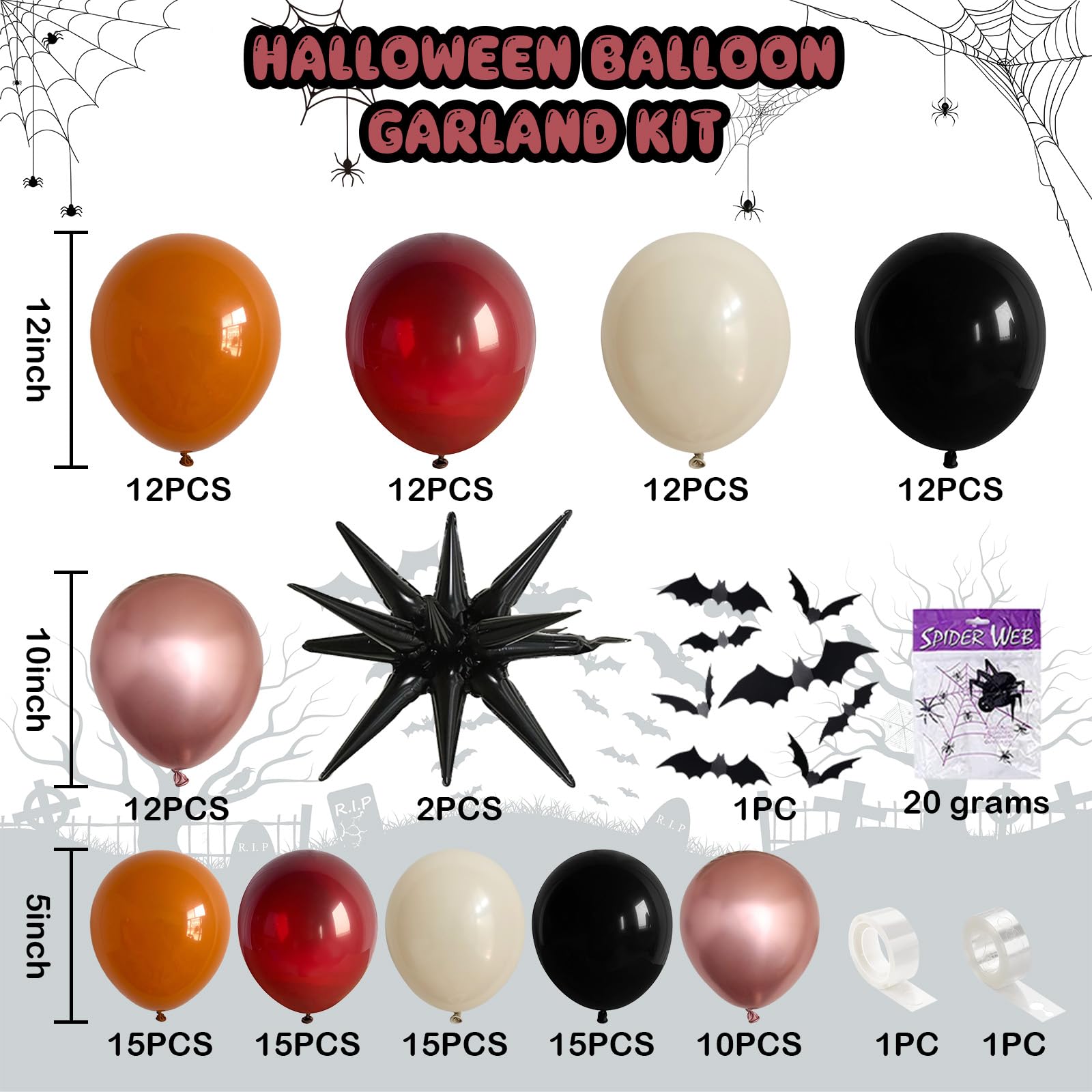 132 Pcs Halloween Balloon Arch Kit – Burnt Orange, Maroon, Black & Rose Gold Garland with Spikes & Bats