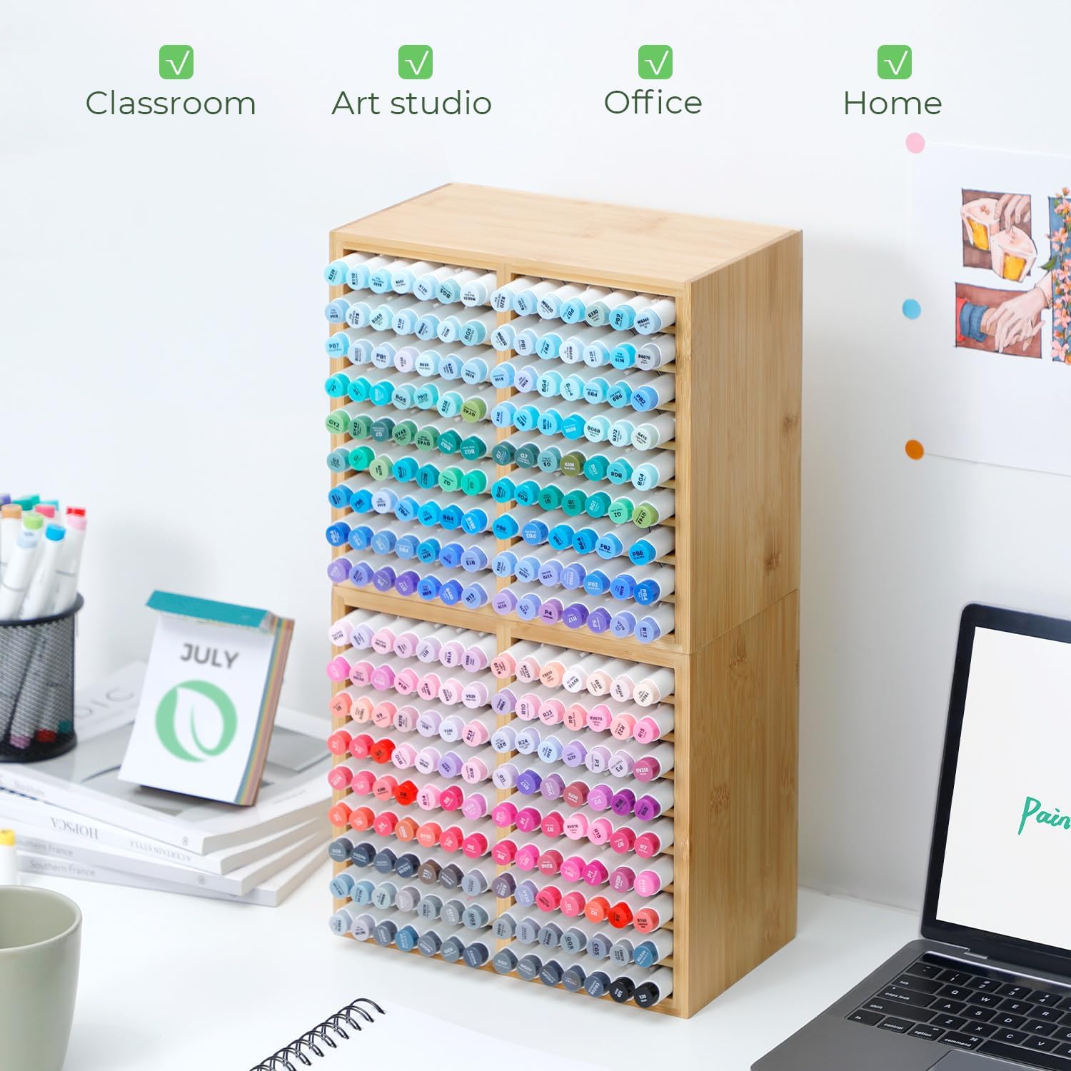 126-Marker Bamboo Desktop Organizer with 18 Compartments