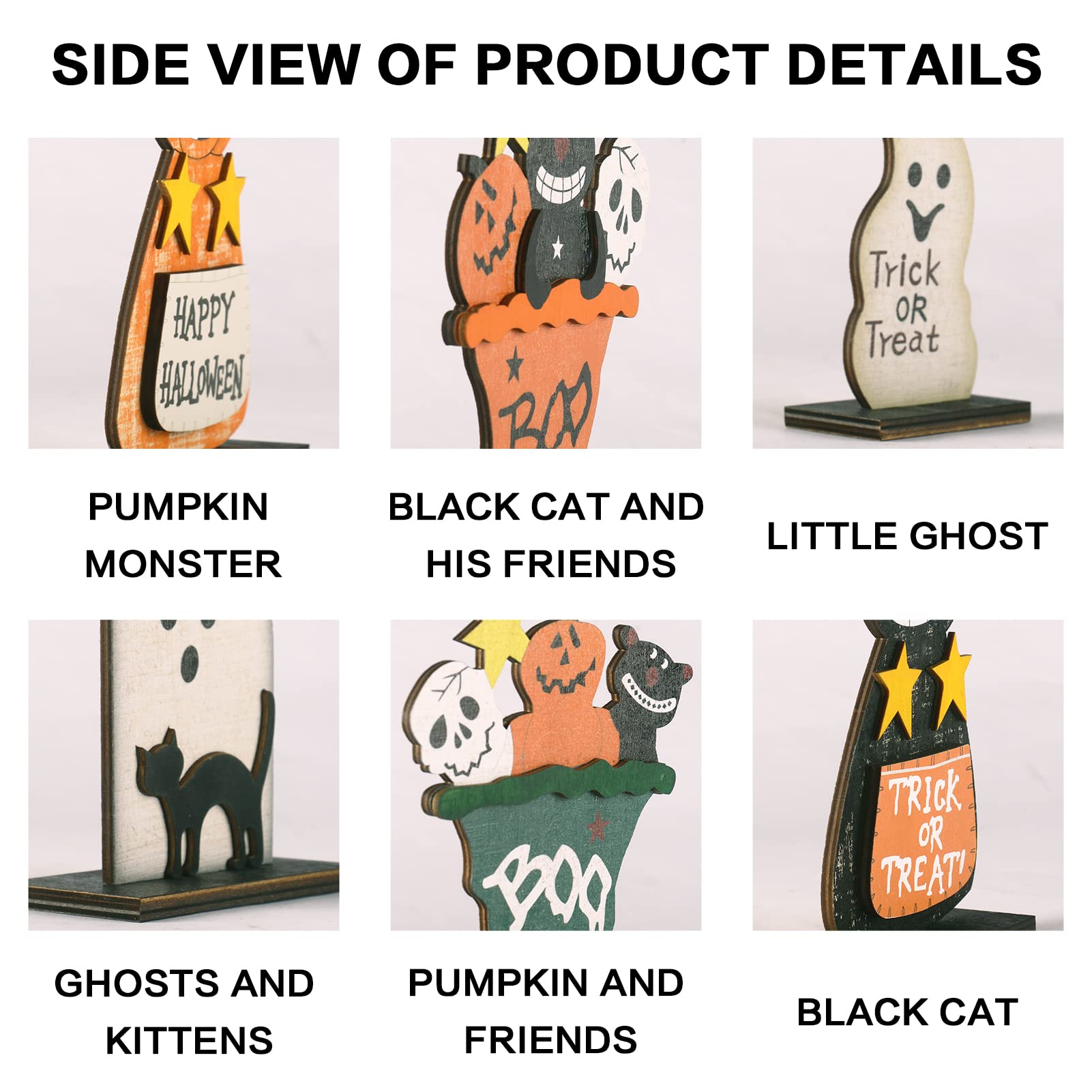 Wooden Halloween Table Decorations Set – Ghost, Black Cat, Pumpkin Monster & Skull Figurines (Multicolor, 4-Piece Set)
