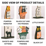 Wooden Halloween Table Decorations Set – Ghost, Black Cat, Pumpkin Monster & Skull Figurines (Multicolor, 4-Piece Set)