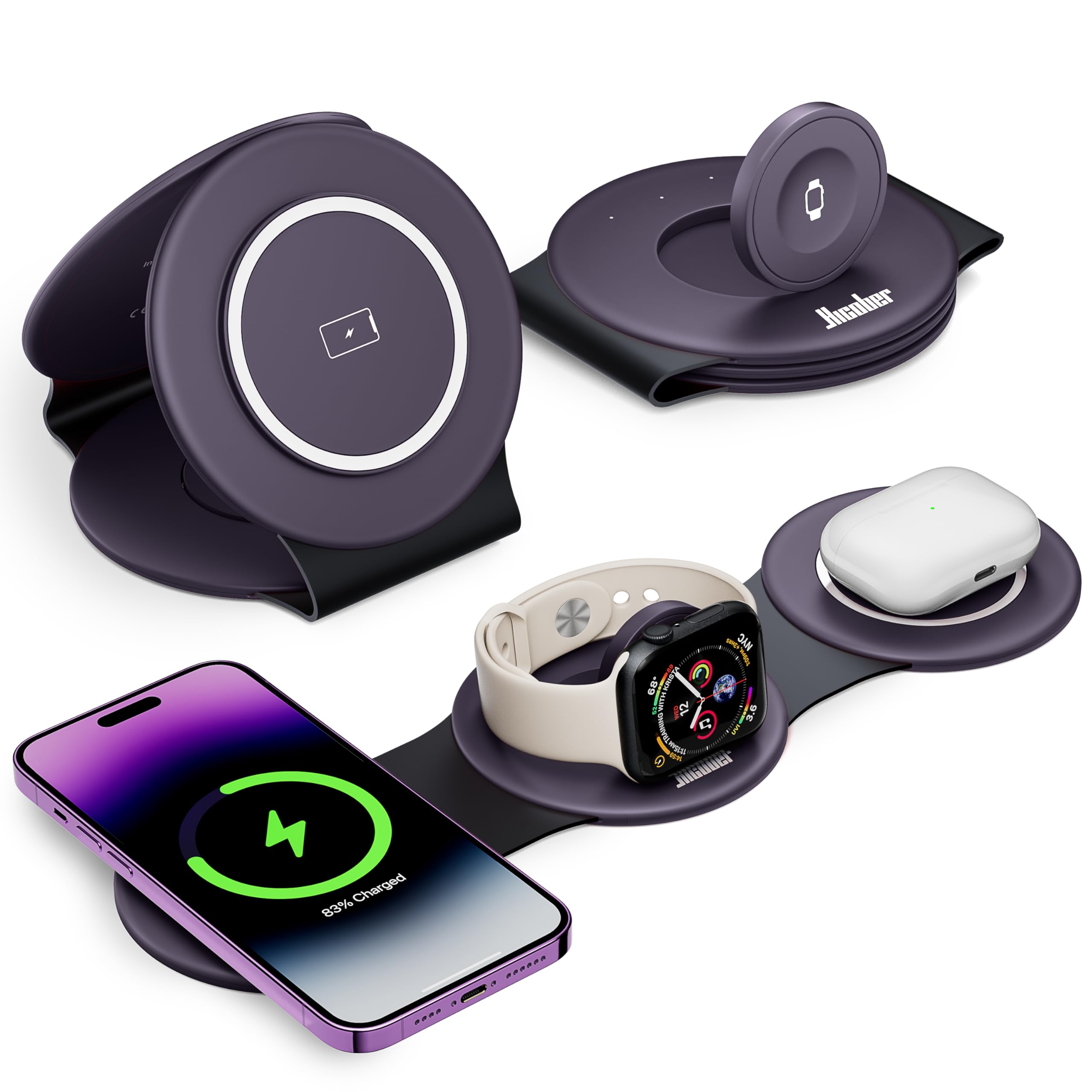 Portable Magnetic 3-in-1 Wireless Charger Stand for iPhone, Apple Watch & AirPods – Foldable Fast Charging Dock Purple