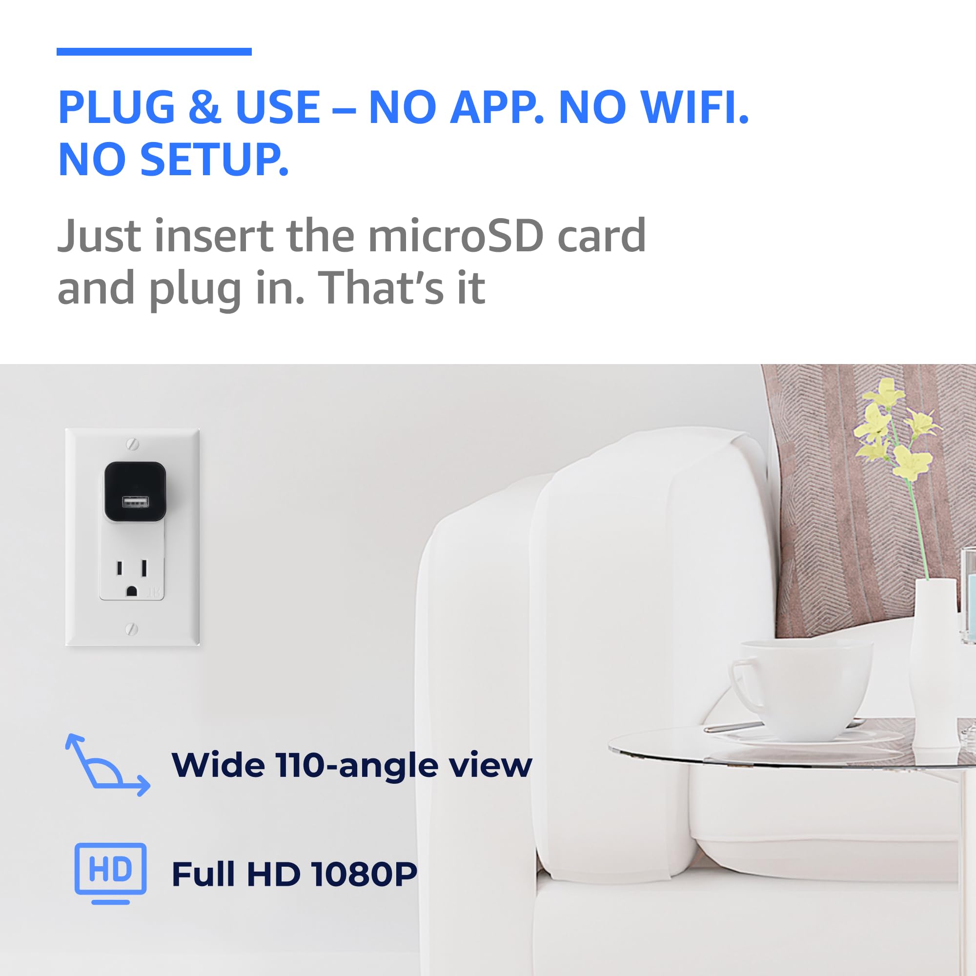Hidden Wall Outlet Spy Camera with 1080P HD Recording, Motion Detection, 110° Wide Angle View and Continuous Power Monitoring