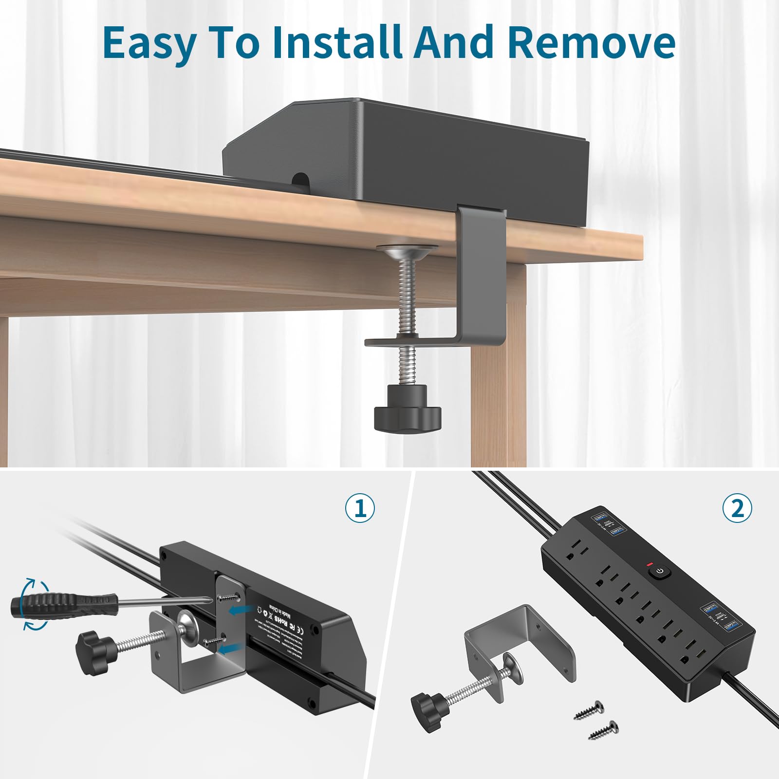 Desk Clamp Power Strip with 40W USB-C Fast Charging & 6 Outlets – Surge Protected Desktop Mount Extension Hub Black