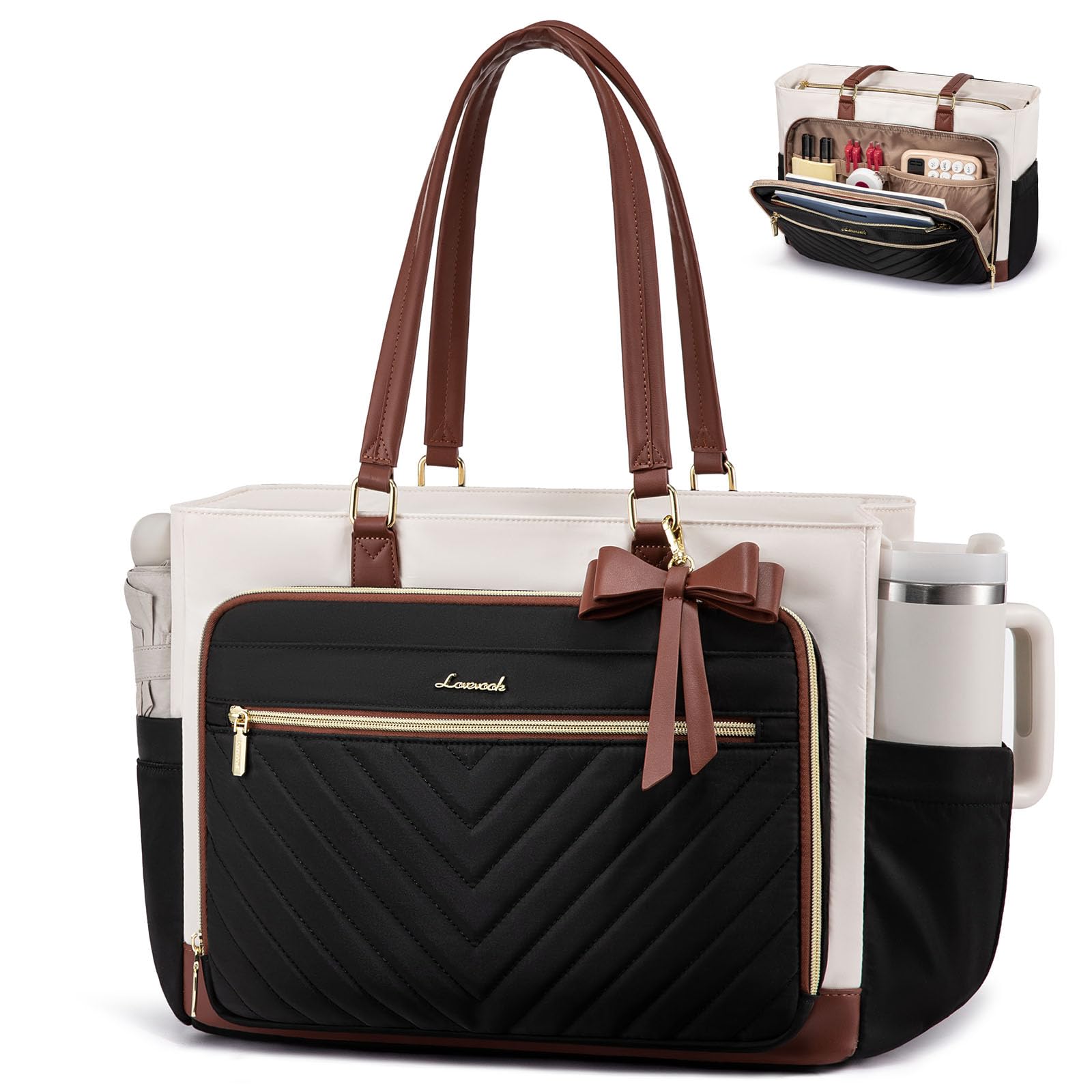 LOVEVOOK Teacher Tote Bag for Women – Quilted Work Laptop Tote with Large Cup Holder, Multi-Pockets & Luggage Sleeve (Black/Beige/Brown)