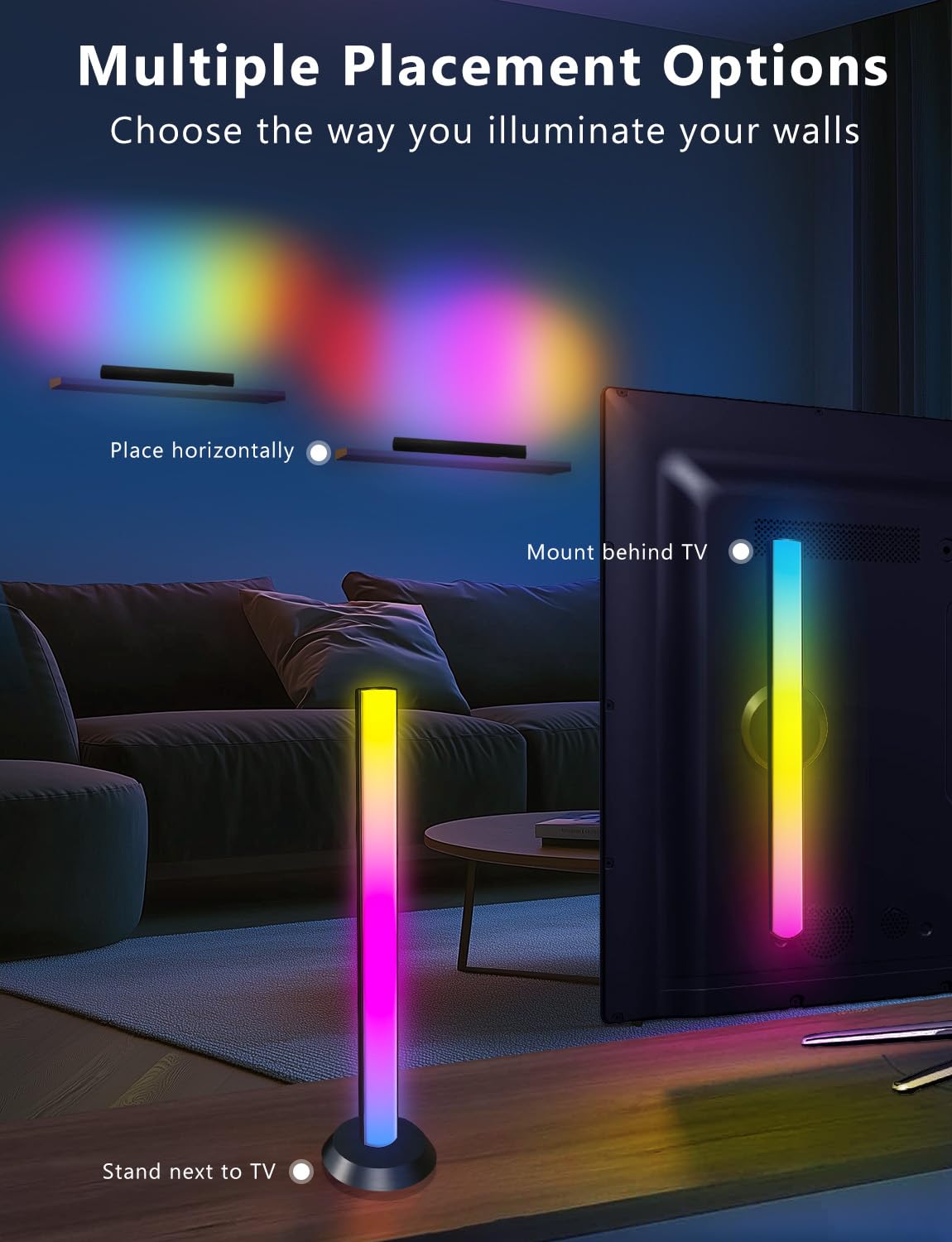 RGBW+IC Smart LED Light Bars with Music Sync, App & Remote Control – Black Ambient Gaming Lights