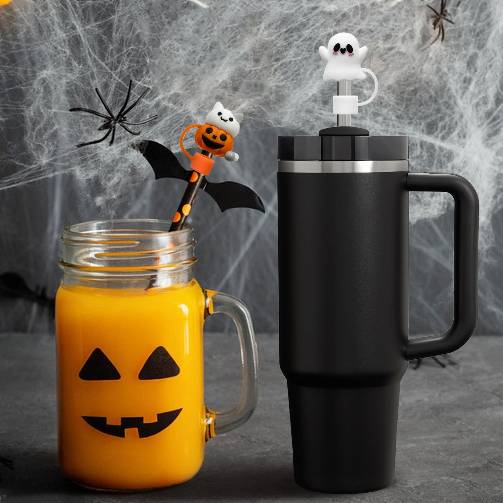 9 Pcs Halloween Silicone Straw Toppers – Pumpkin, Ghost & Bat Covers for Stanley 30/40oz Tumblers