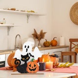 Rustic Wooden Halloween Decor Set – White Ghost, Black Cat & Plaid Pumpkin Tabletop Signs (3-Pack)