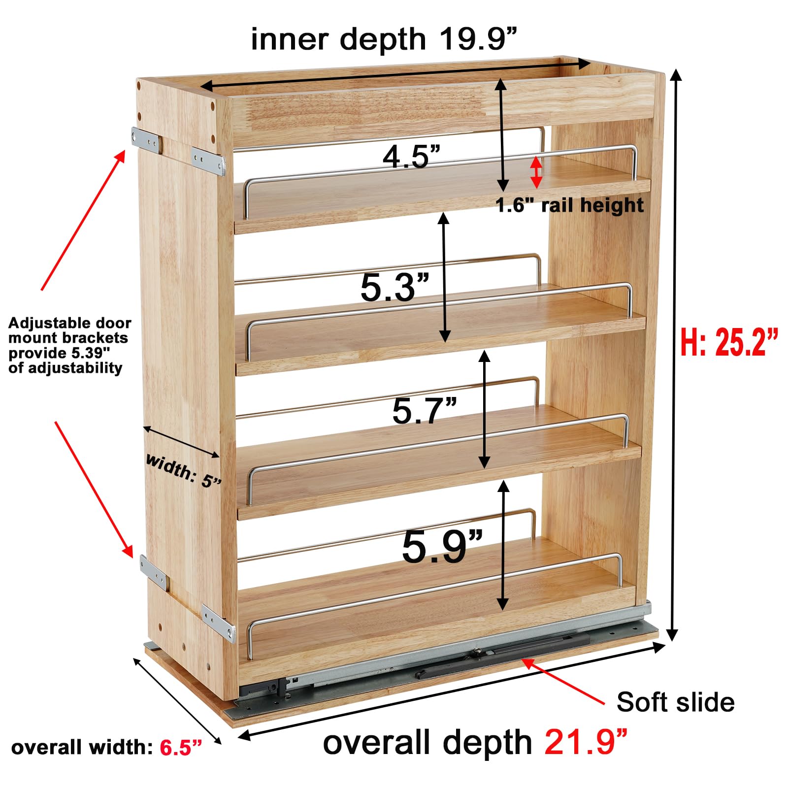 DINDON Solid Wood Pull-Out Spice Rack Cabinet Organizer – Slim Slide-Out Storage Shelf for Kitchen & Pantry (Natural Wood)