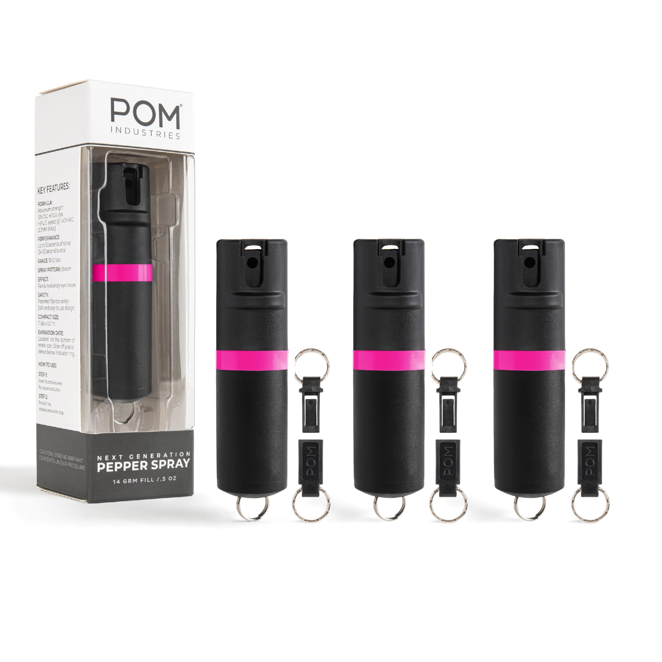 POM Premium Pepper Spray Keychain – Quick-Release OC Defense with UV Dye & Flip-Top Safety (Black Pink)
