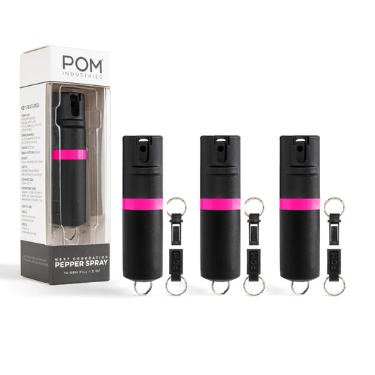 POM Premium Pepper Spray Keychain – Quick-Release OC Defense with UV Dye & Flip-Top Safety (Black Pink)