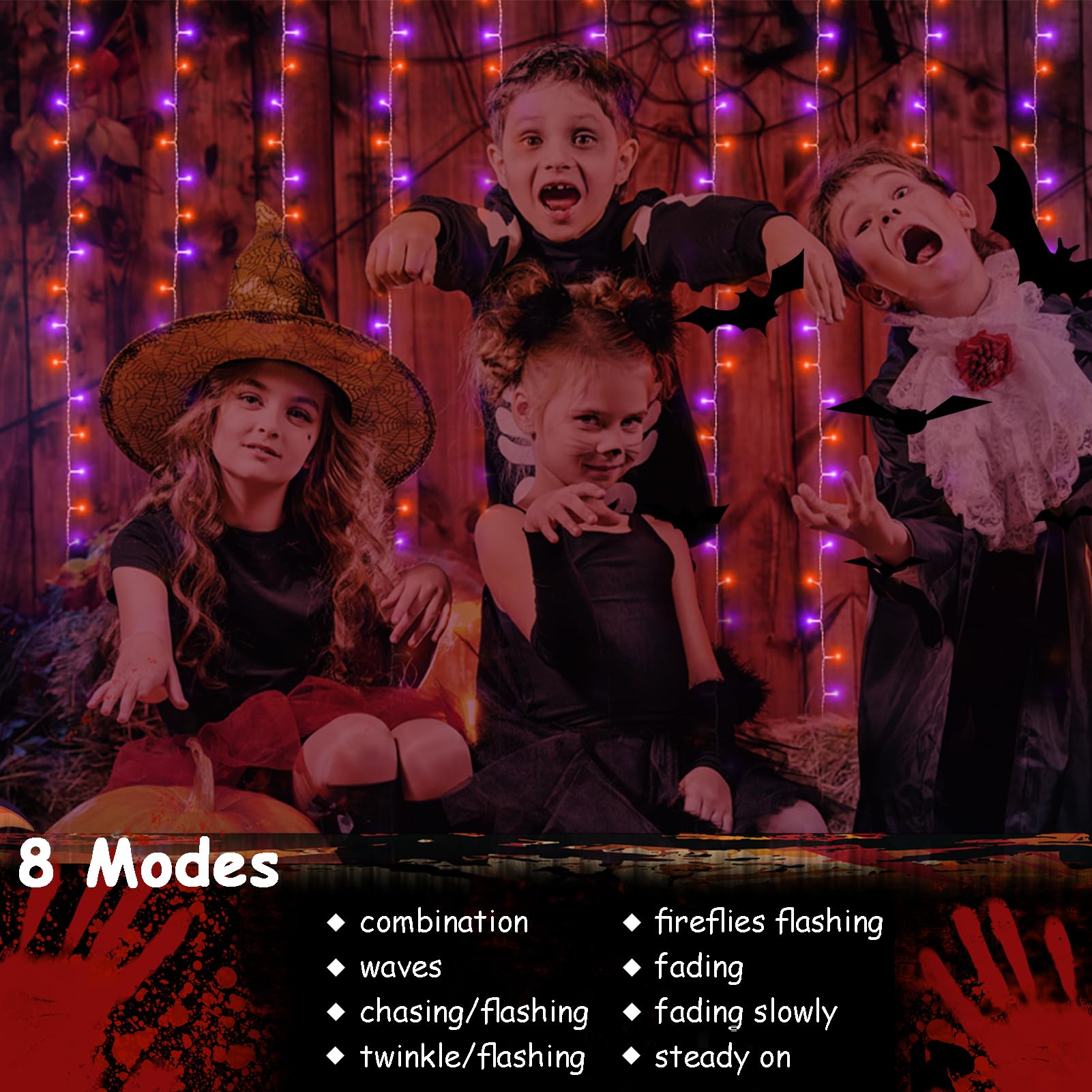 Purple & Orange Halloween Curtain Lights – 300 LED Battery-Operated String Lights with Remote Control (9.8ft x 9.8ft, Indoor/Outdoor)