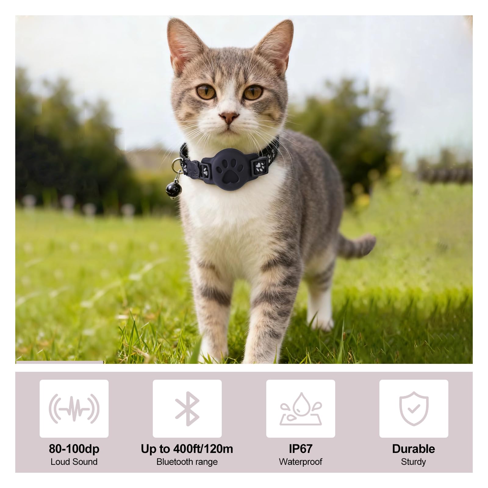 Smart GPS Tracking Cat Collar with Breakaway Safety Design & Reflective Strips – Adjustable Lightweight Tracker Holder Collar for Cats (Black)