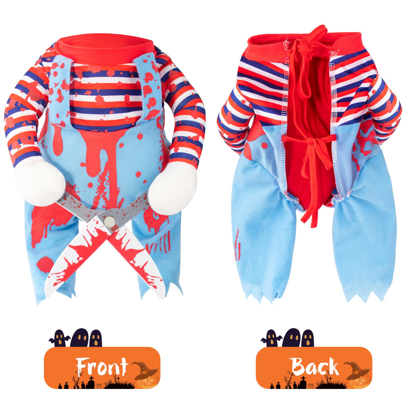 Funny Killer Dog Halloween Costume – Blue Scary Doll Outfit with Bloody Scissors & Wig