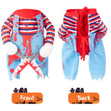 Funny Killer Dog Halloween Costume – Blue Scary Doll Outfit with Bloody Scissors & Wig