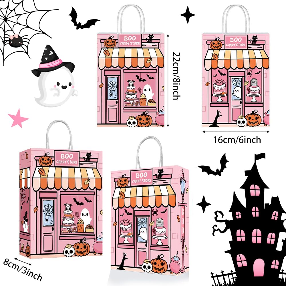 Lofaris 24 Pcs Halloween Bags 16x8x22cm, Boo Candy Store Treat Bags with Cute Ghosts & Pumpkins, Pink & Orange Party Favor Bags for Kids, Trick or Treat Goodie with Handles