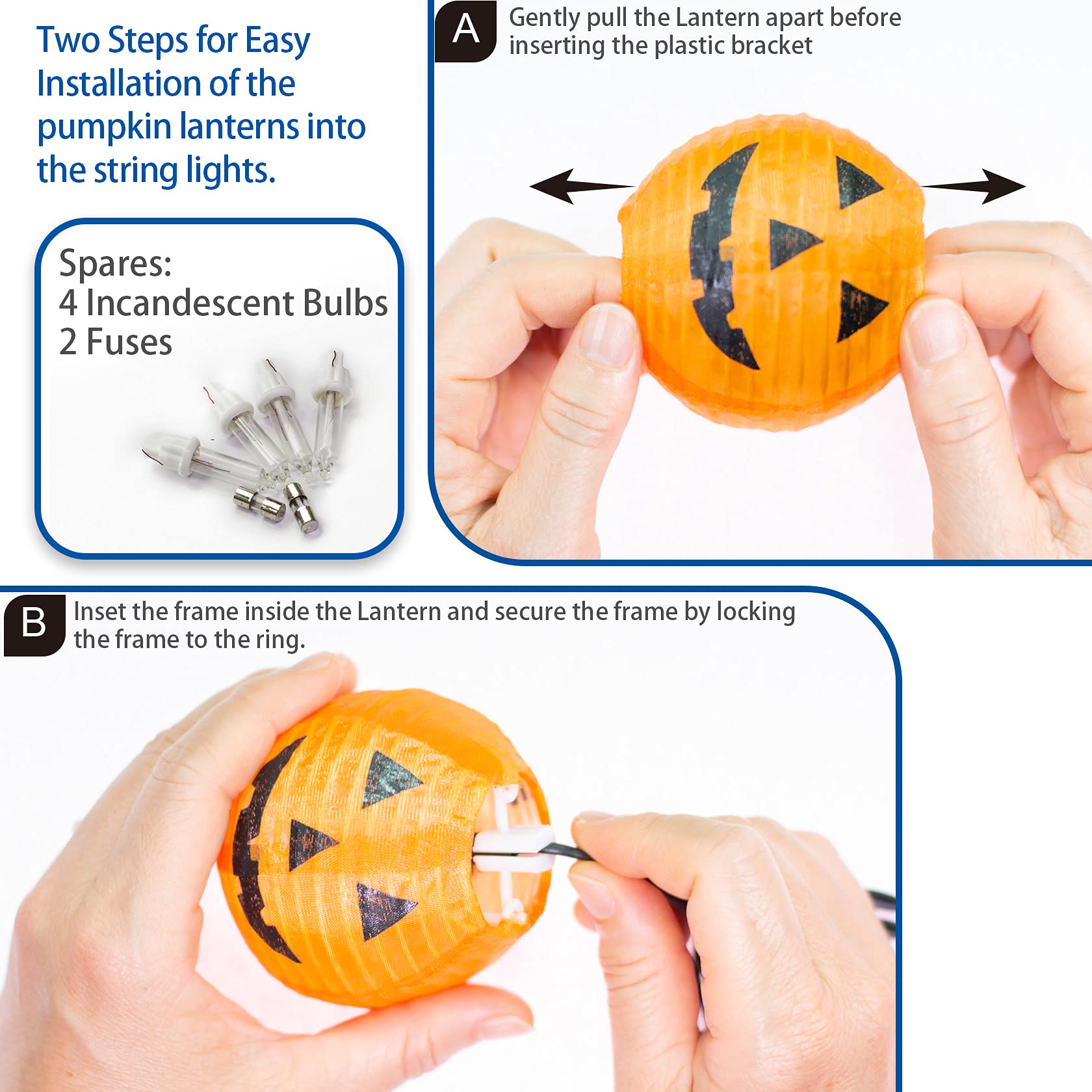 Fabric Halloween Pumpkin Lantern String Lights – 9.8FT Plug-In Jack-O’-Lantern Lights with Warm White Glow, UL Certified & Waterproof (10 Lanterns)