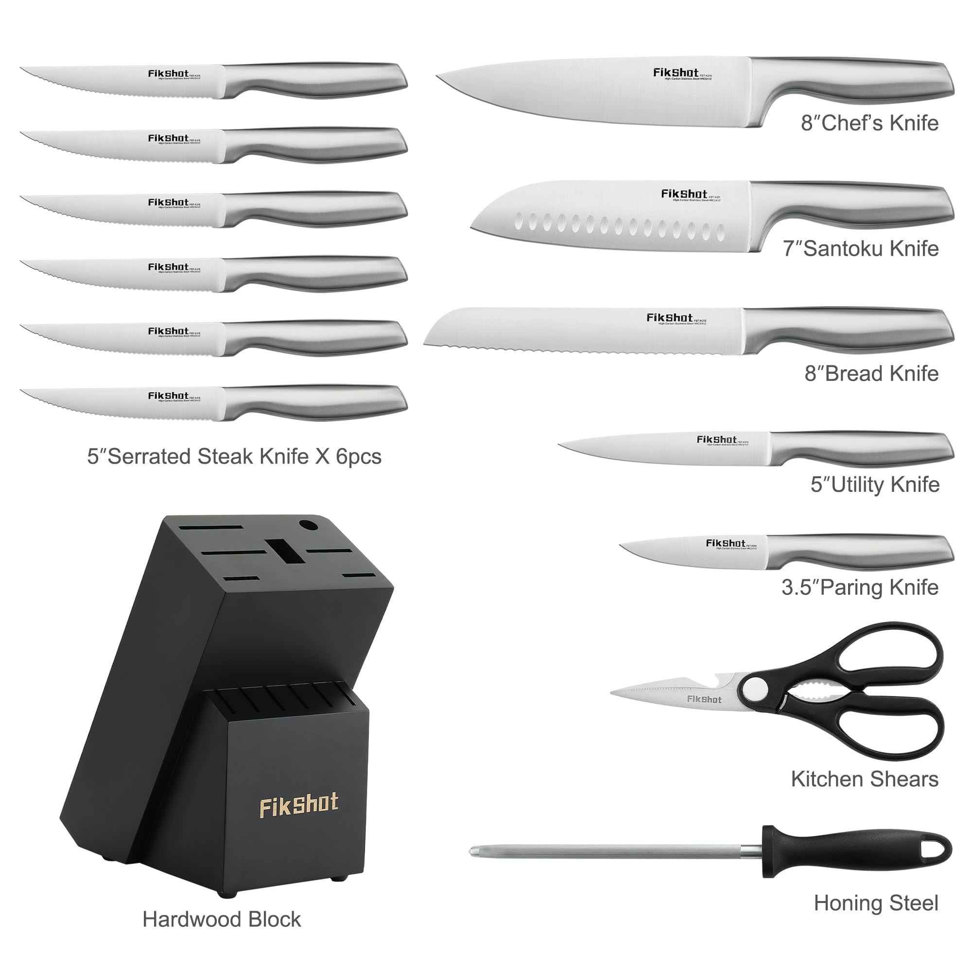 14-Piece Stainless Steel Kitchen Knife Set with Block & Sharpening Rod