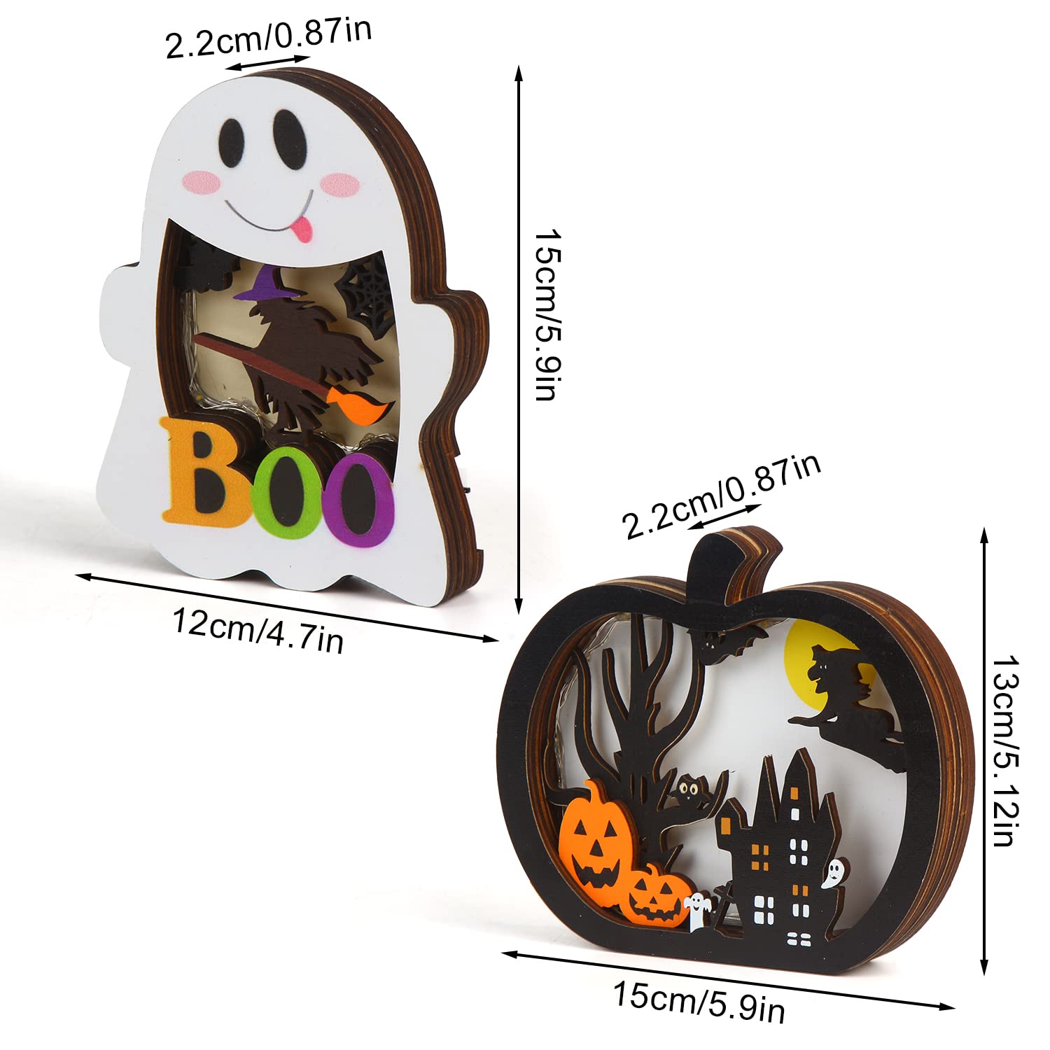 Wooden Halloween Pumpkin & Ghost Lantern Set – Light-Up Table Decorations with Warm Glow