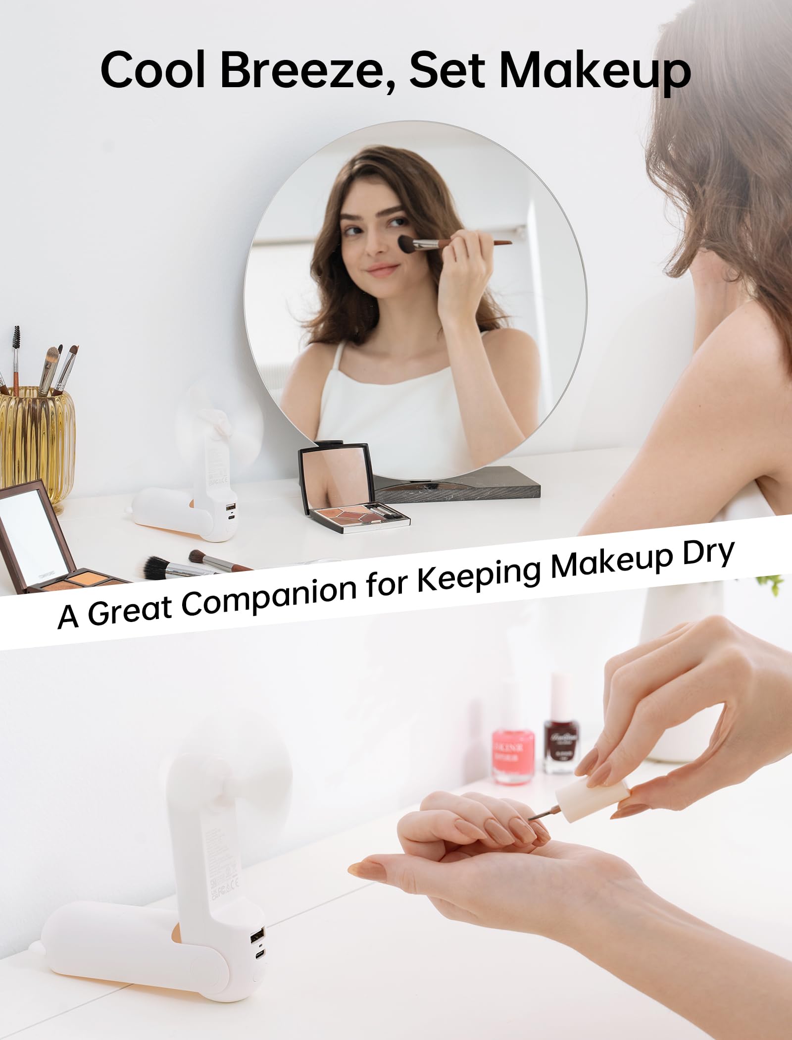 Foldable Portable Handheld Fan with Power Bank & Flashlight – Long Battery Mini Cooling Fan for Travel & Outdoor