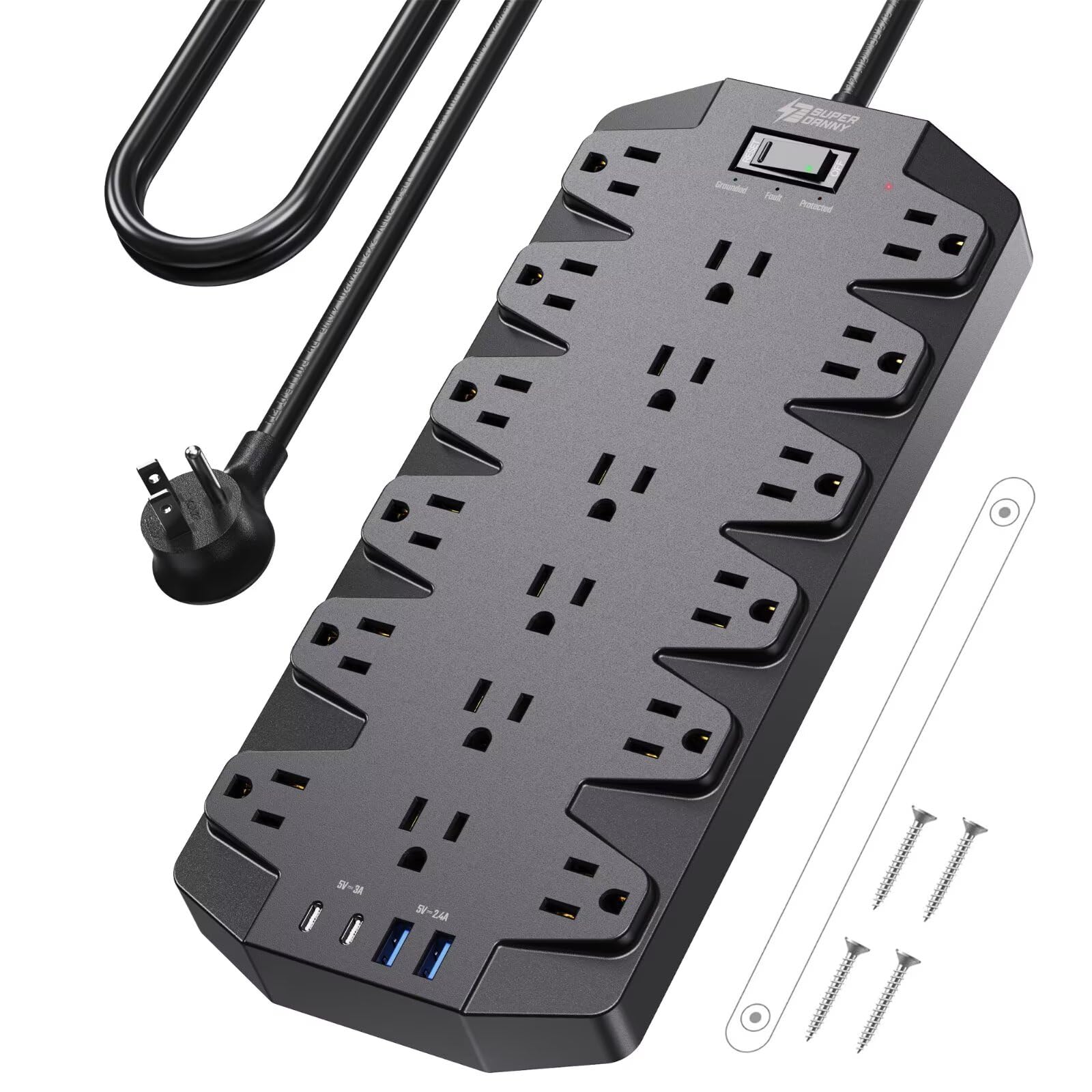 SUPERDANNY Heavy Duty Surge Protector Power Strip with 18 AC Outlets, 4 USB Ports & Flat Plug Wall Mount Extension Cord