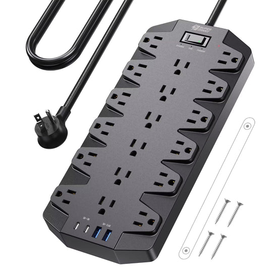 SUPERDANNY Heavy Duty Surge Protector Power Strip with 18 AC Outlets, 4 USB Ports & Flat Plug Wall Mount Extension Cord