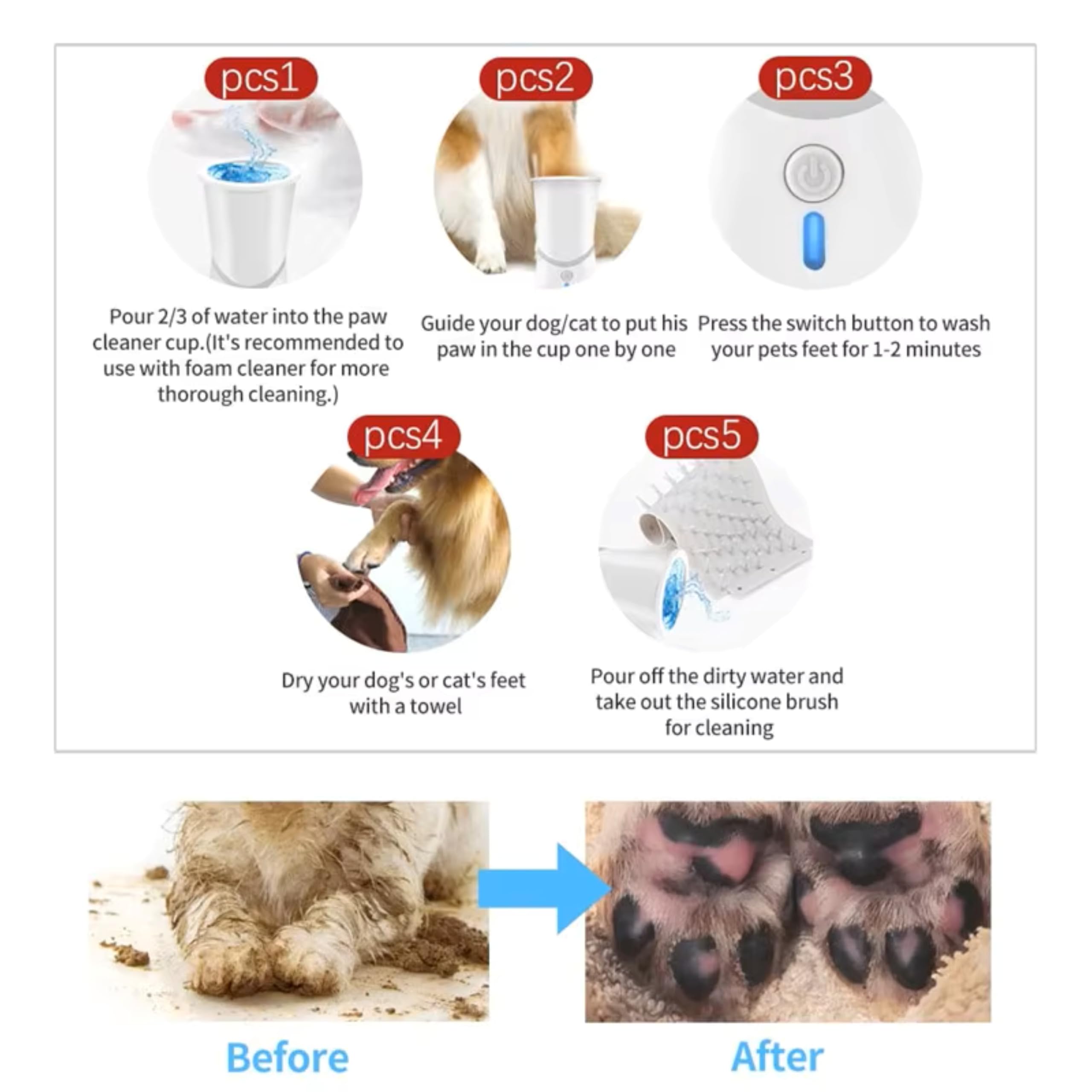 Automatic Pet Paw Cleaner Cup with Gentle Silicone Bristles – Rechargeable Portable Dog & Cat Paw Washer for Mud, Dirt & Outdoor Cleaning
