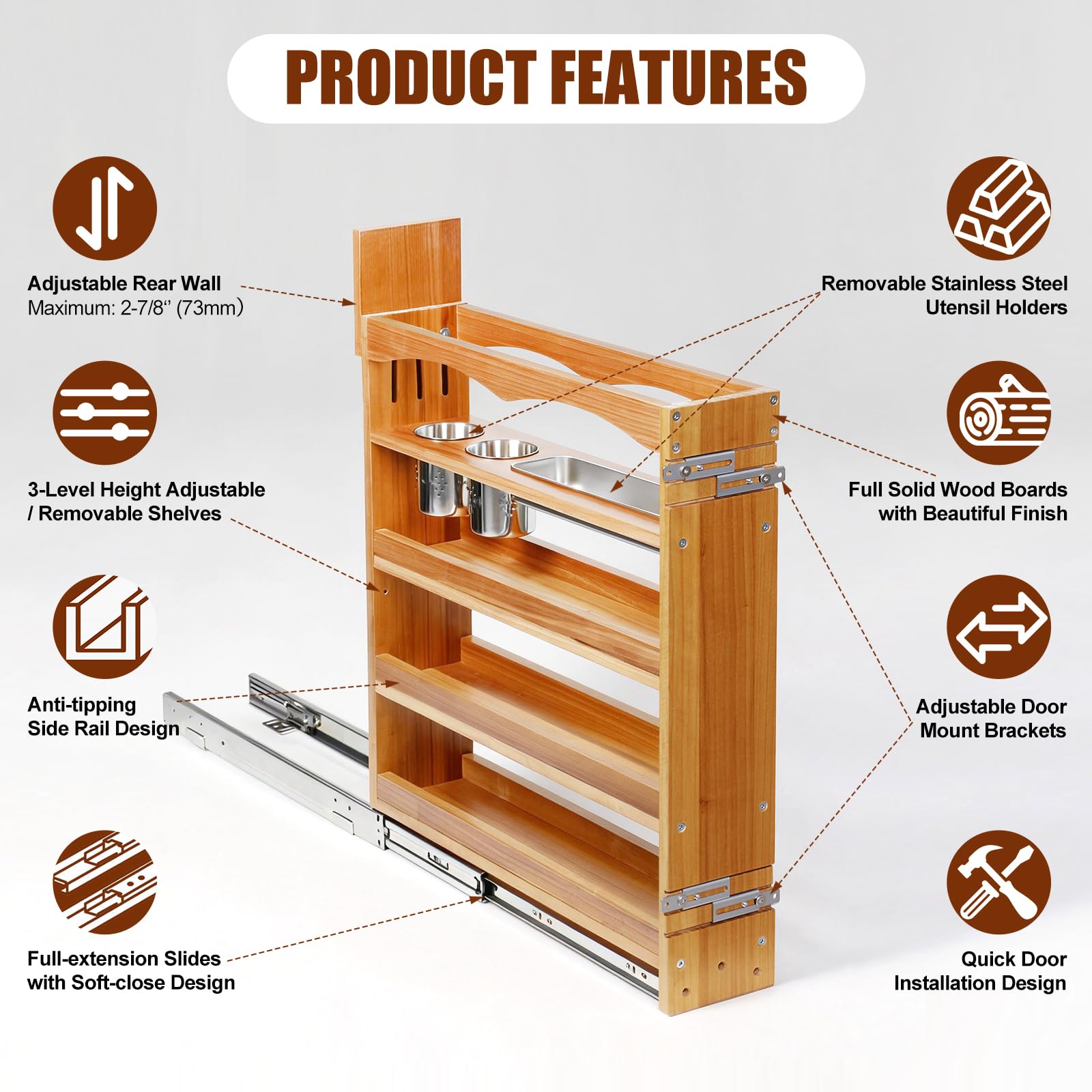 Solid Wood 4-Tier Pull-Out Spice Rack – Slim Soft-Close Cabinet Organizer for Narrow Pantry Spaces
