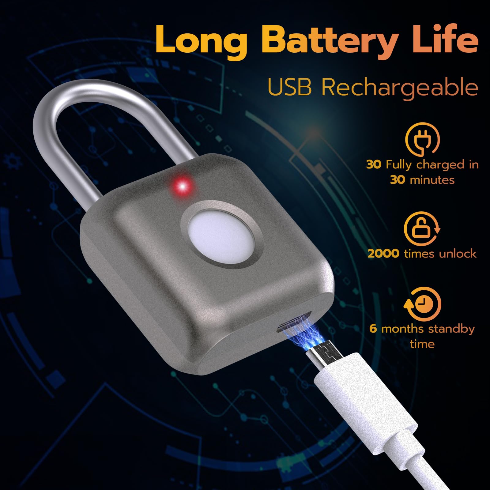 Portable Fingerprint Padlock USB Rechargeable Biometric Lock for Gym Locker, Luggage, Bike & Storage Security