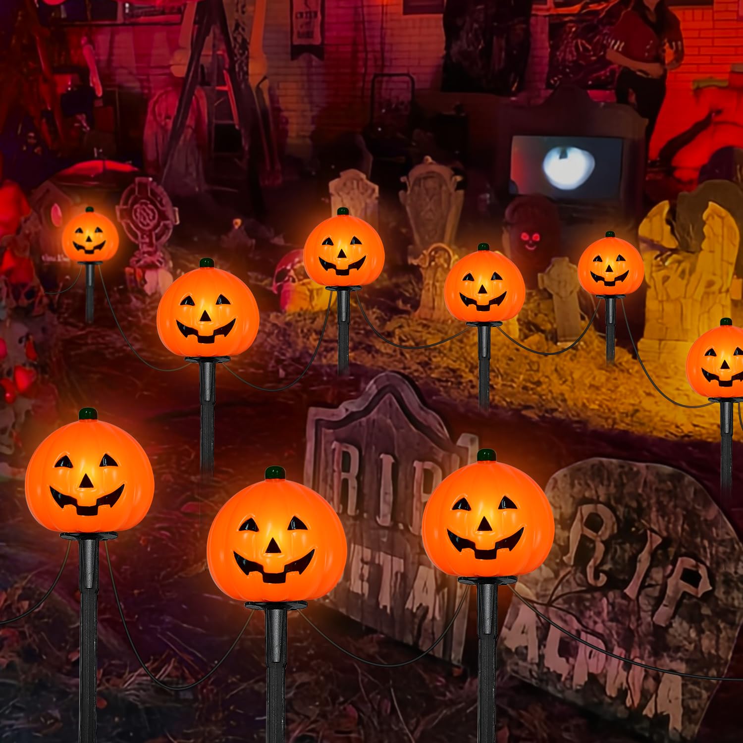 2025 LED Halloween Pumpkin Pathway Lights – 7FT Plug-In Jack-O’-Lantern Yard Stakes, UL Certified & IP44 Waterproof (4-Pack)