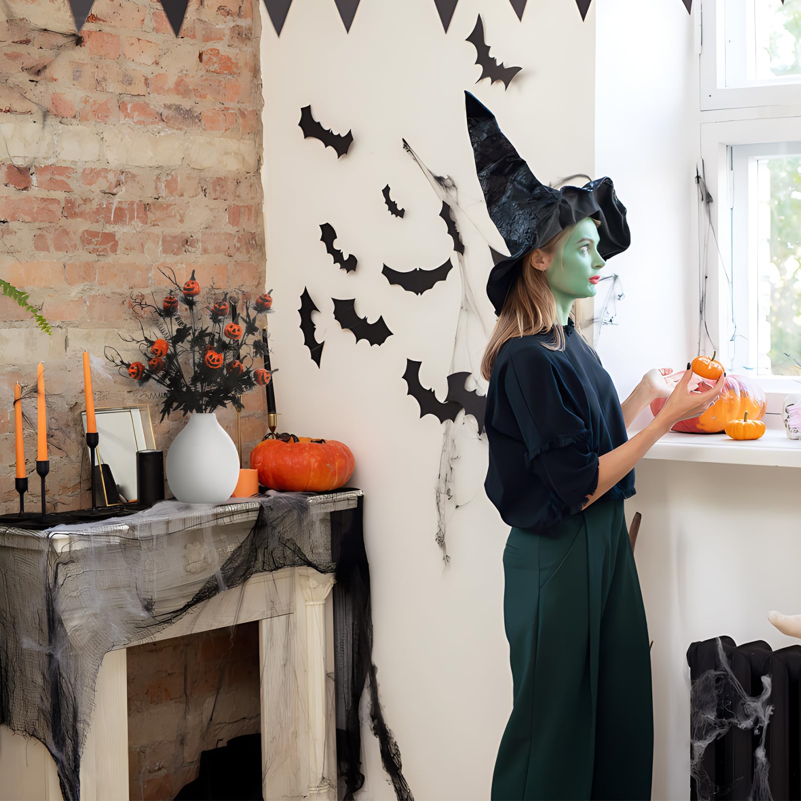 Artificial Pumpkin & Maple Leaf Stems – 5-Piece Halloween Floral Decoration Set (Black/Orange, 19.5”)