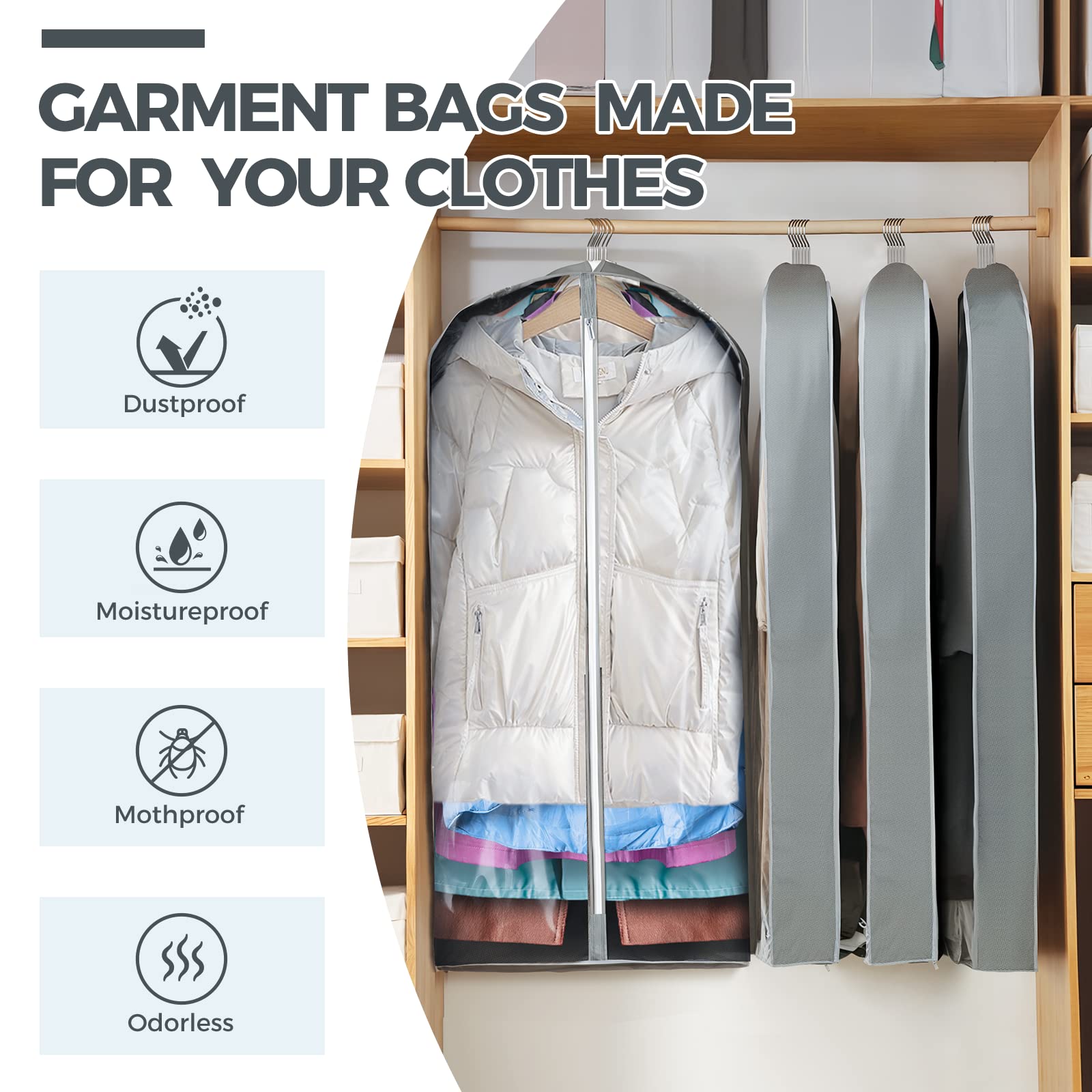 40” Hanging Garment Bags for Closet Storage (6-Pack) – Clear Suit Covers with Gussets for Coats, Dresses & Jackets