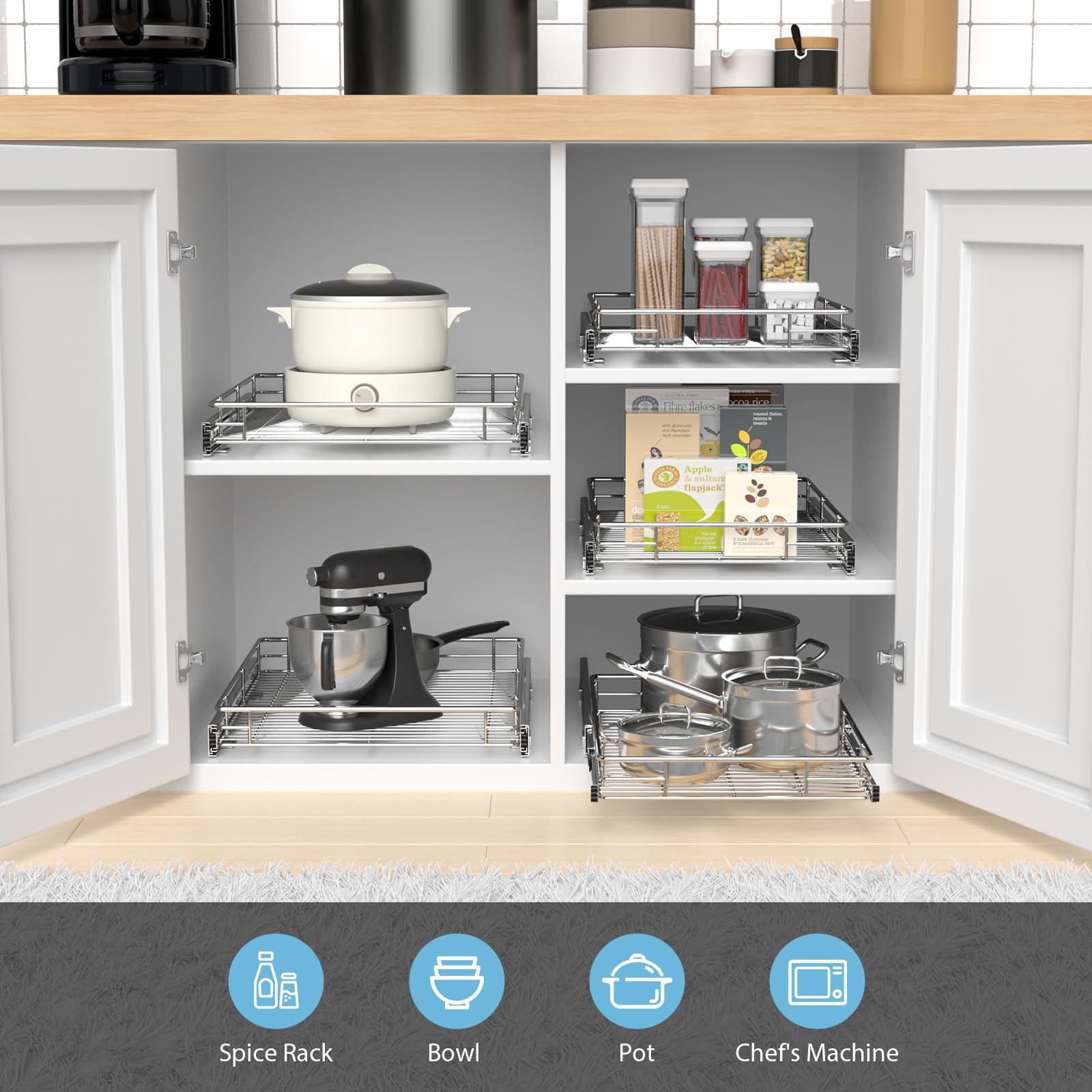 Heavy-Duty Pull-Out Cabinet Organizer – Chrome Slide-Out Drawer Basket for Kitchen Storage (14.8” W x 21” D)