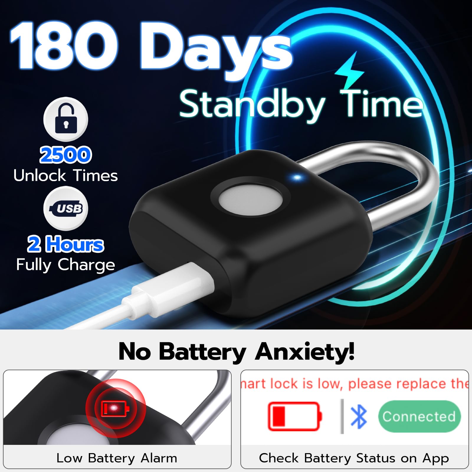 Keylesslife Bluetooth Fingerprint Smart Padlock with App Control, USB Rechargeable Biometric Lock for Gym, Luggage & Storage