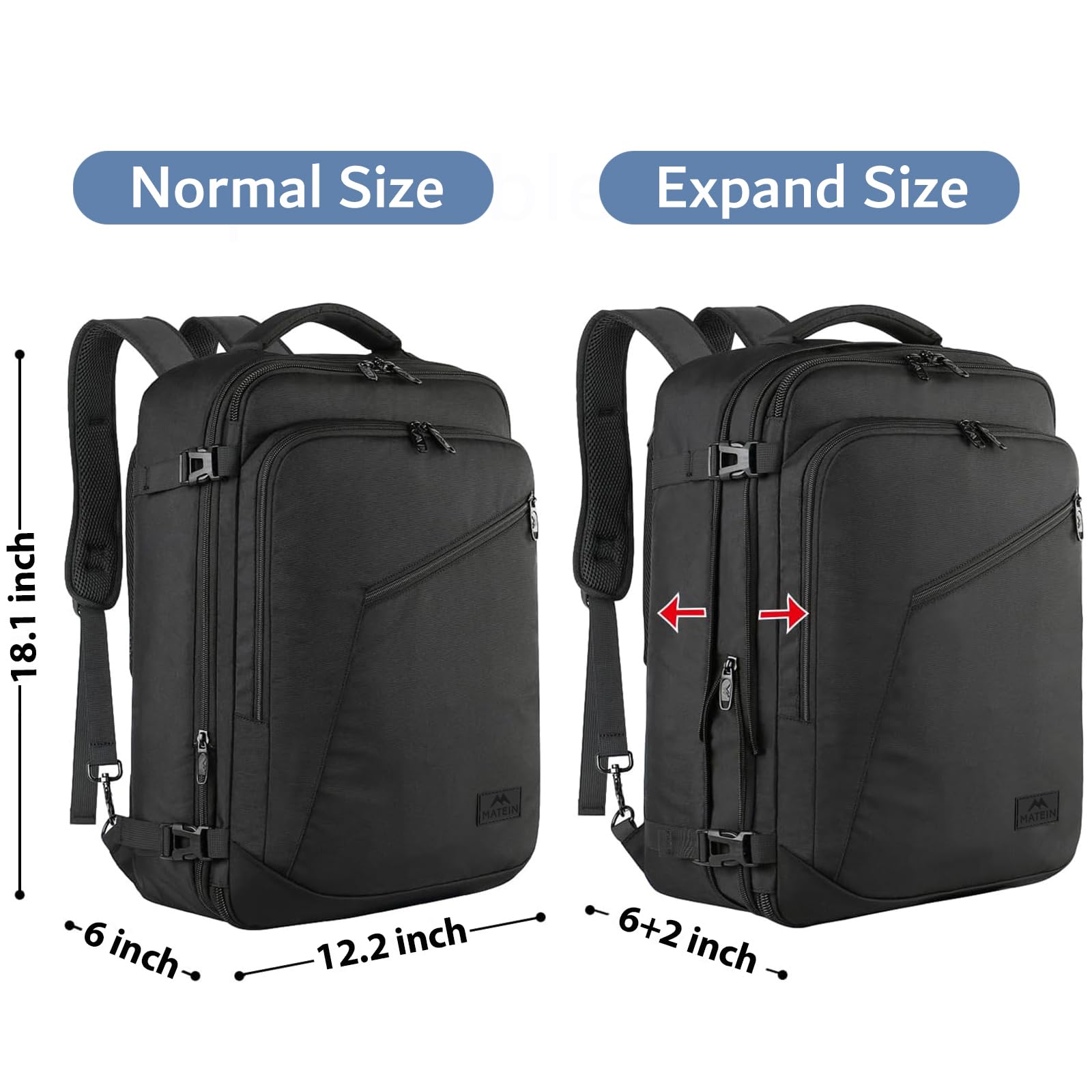 MATEIN 27L Expandable Carry-On Travel Backpack – Lightweight Convertible Business & Outdoor Daypack (Black)