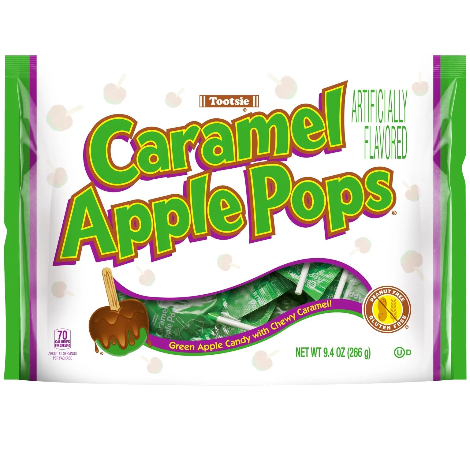 Green Apple Caramel Lollipops – 7.5oz Bag (12–15 Individually Wrapped Pops) – Classic Caramel Apple Halloween Candy