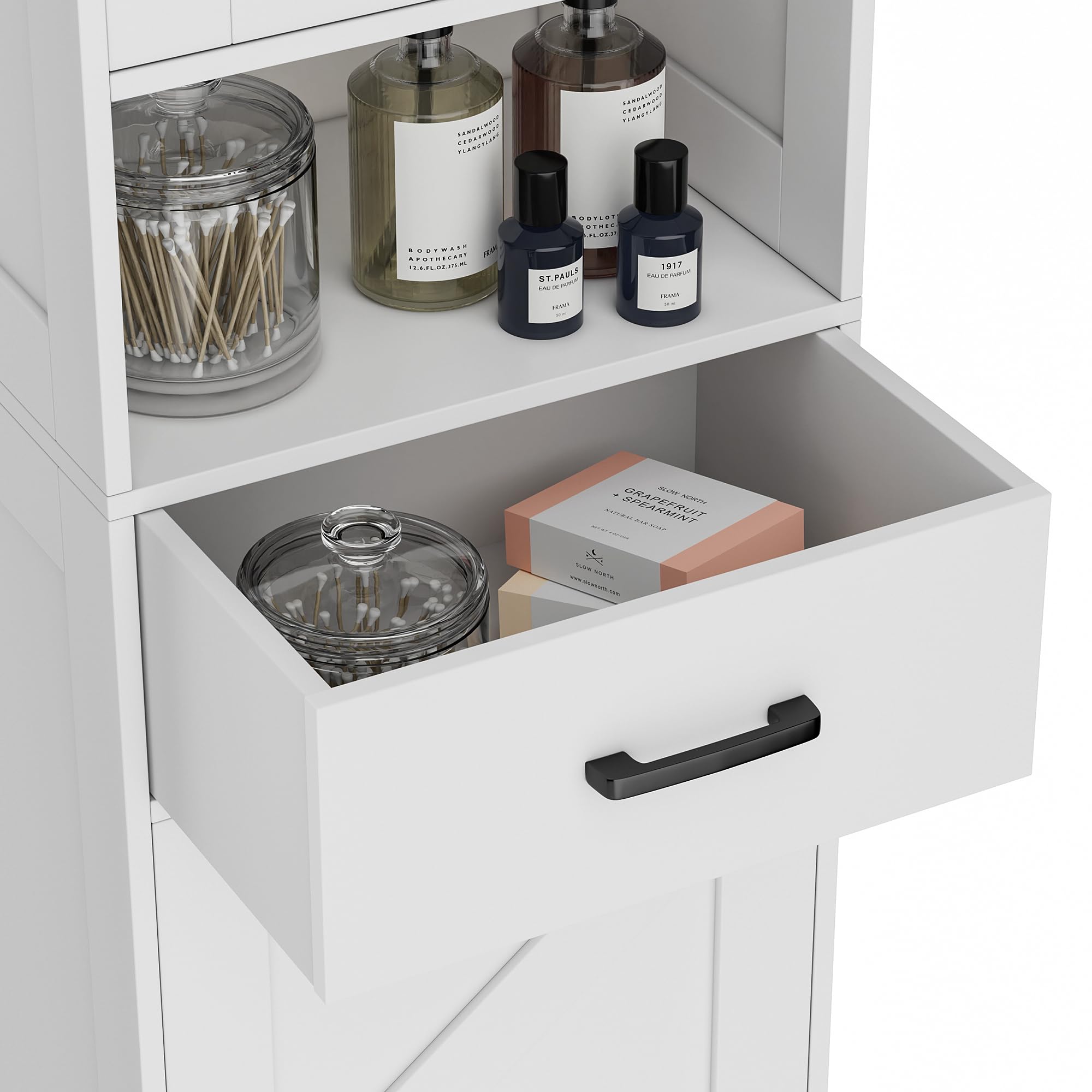 HOMHEDY 67" Tall Bathroom Storage Cabinet – Slim Floor Cabinet with Barn Doors, Drawer & Adjustable Shelves (White)