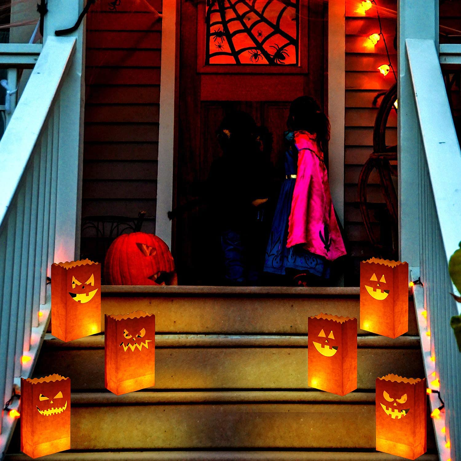 Halloween Pumpkin Luminary Bags – 50 Pack Flame-Resistant Paper Lanterns with 5 Jack-O’-Lantern Designs for Walkways & Parties