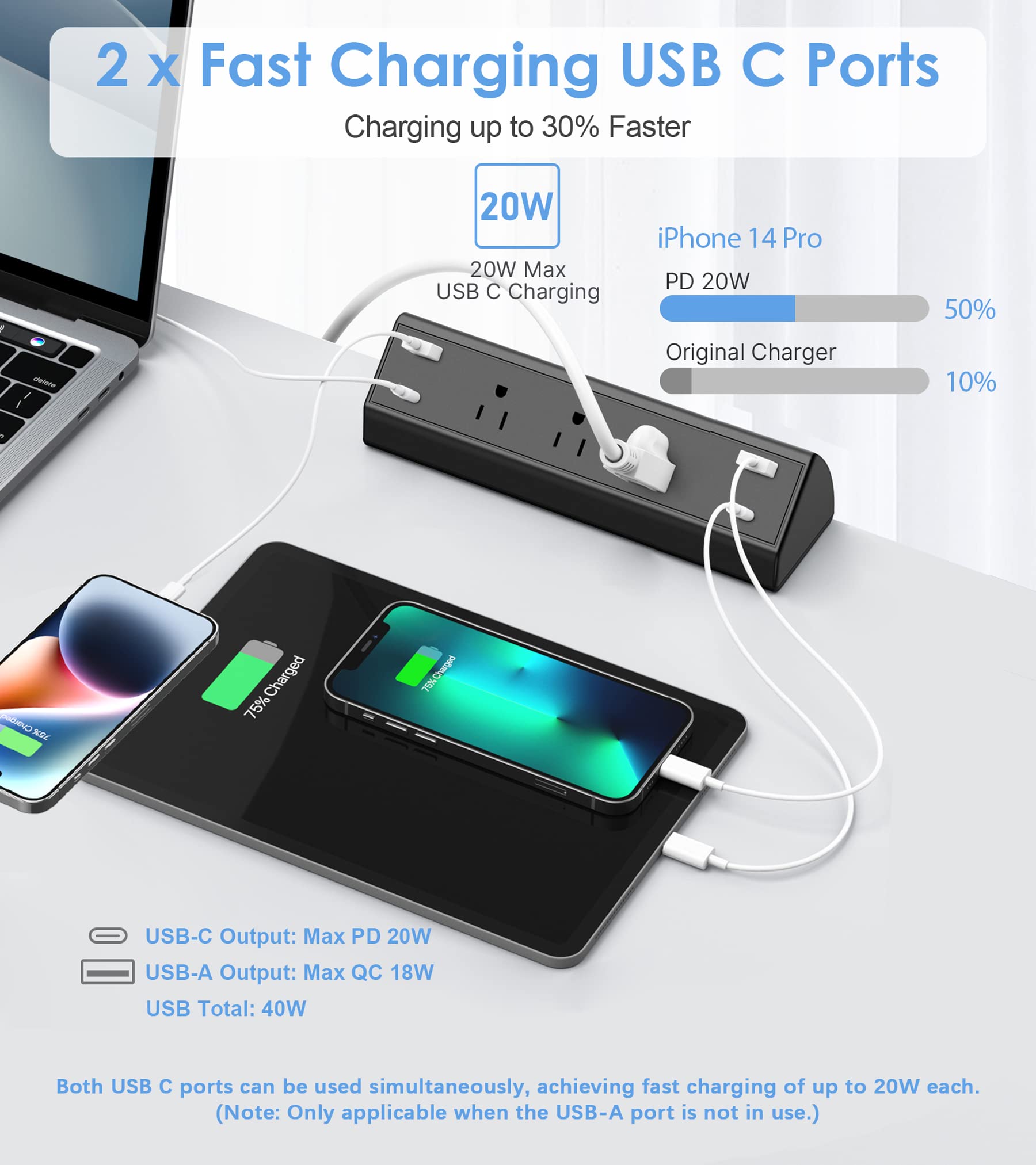 Desk Clamp Power Strip with USB-C Fast Charging 7-Port Surge Protector Mountable Charging Station Black