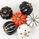 Hand-Painted Black & White Halloween Pumpkins Set – 6 Foam Decorative Pumpkins with Dots & Stripes
