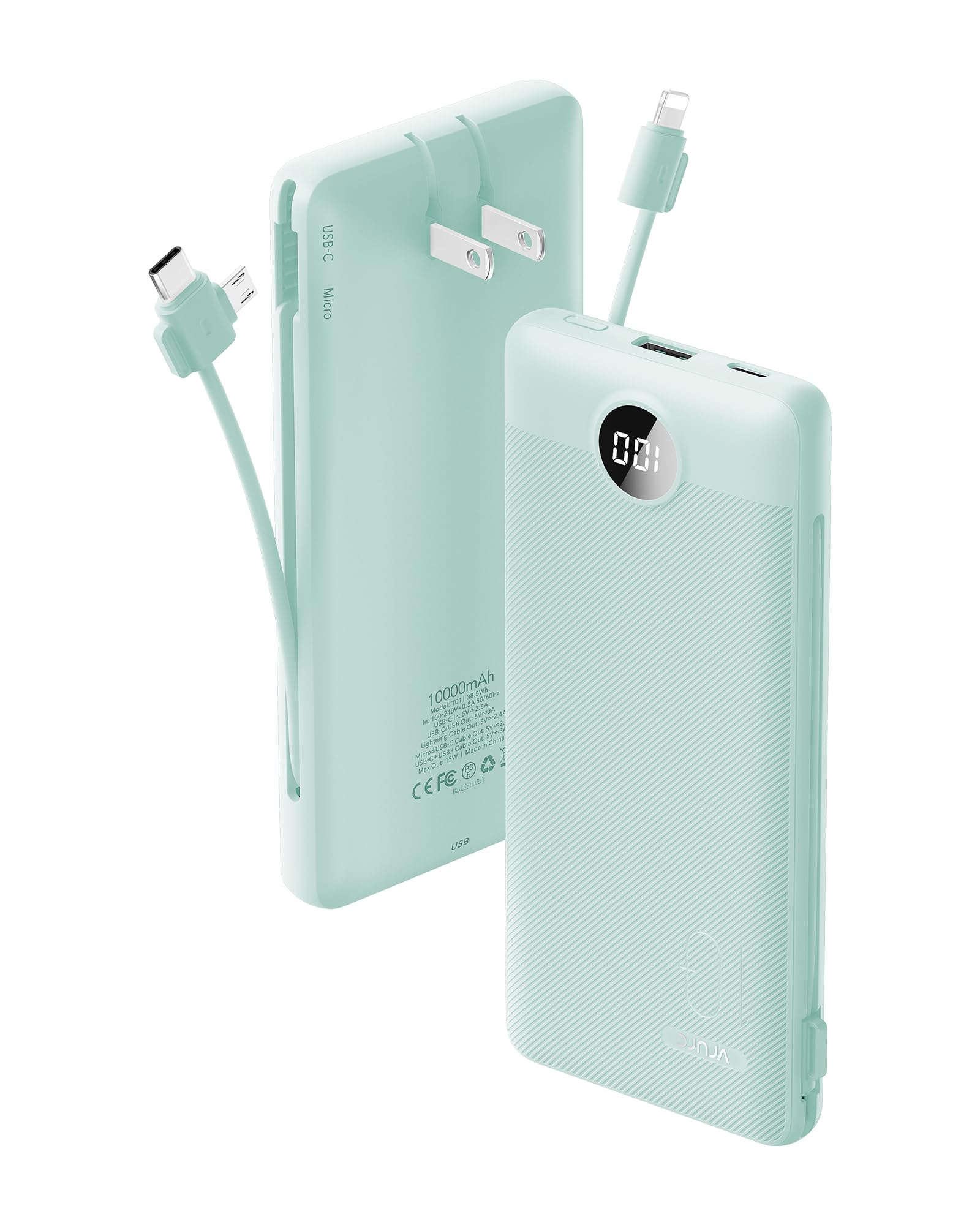 10000mAh Portable Power Bank with Built-in AC Wall Plug & Multi Cables – Ultra Lightweight Fast Charging Travel Battery Green