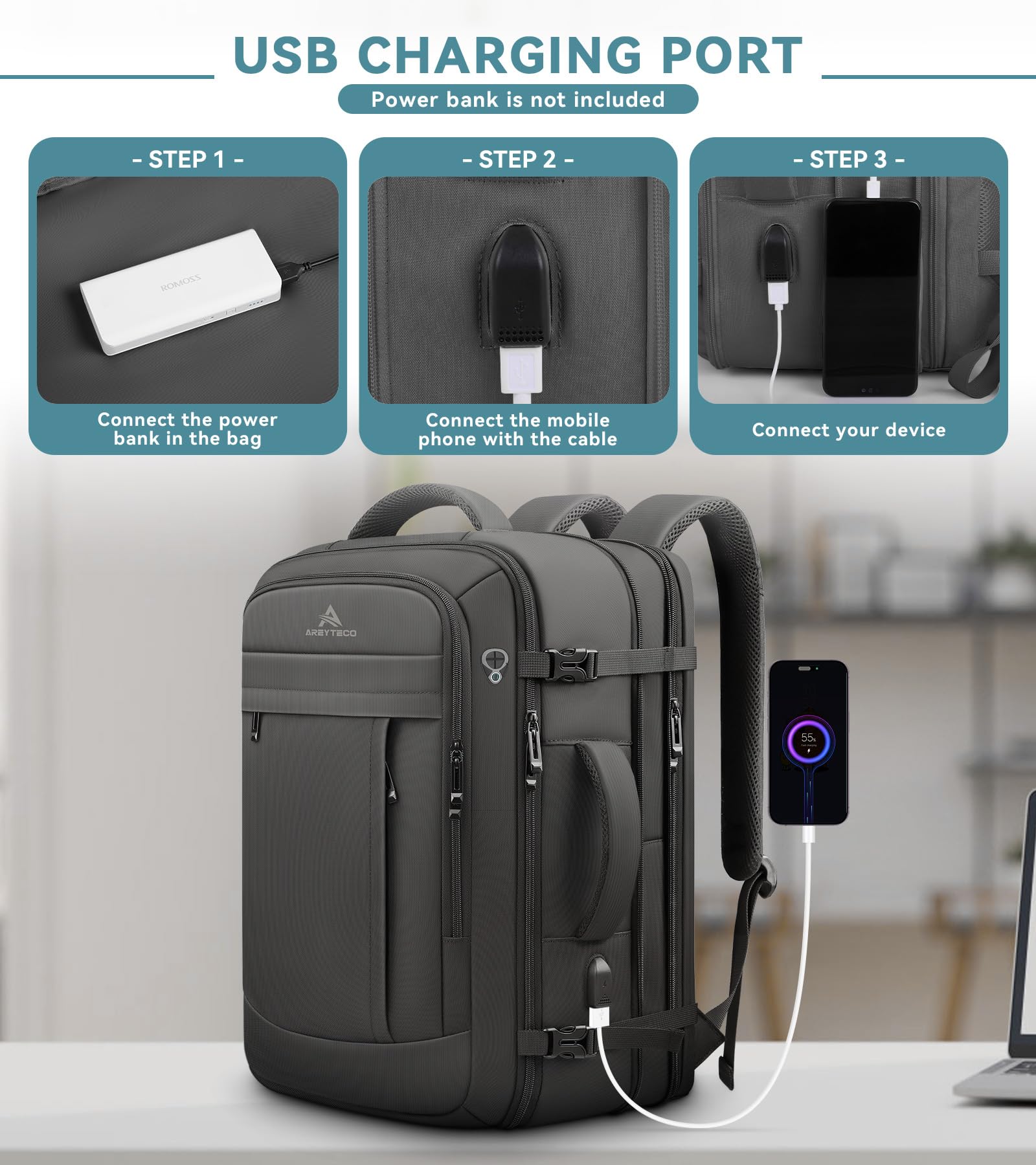 AREYTECO 50L Expandable Carry On Travel Backpack with USB Port, TSA Lay-Flat Design and 17” Laptop Compartment