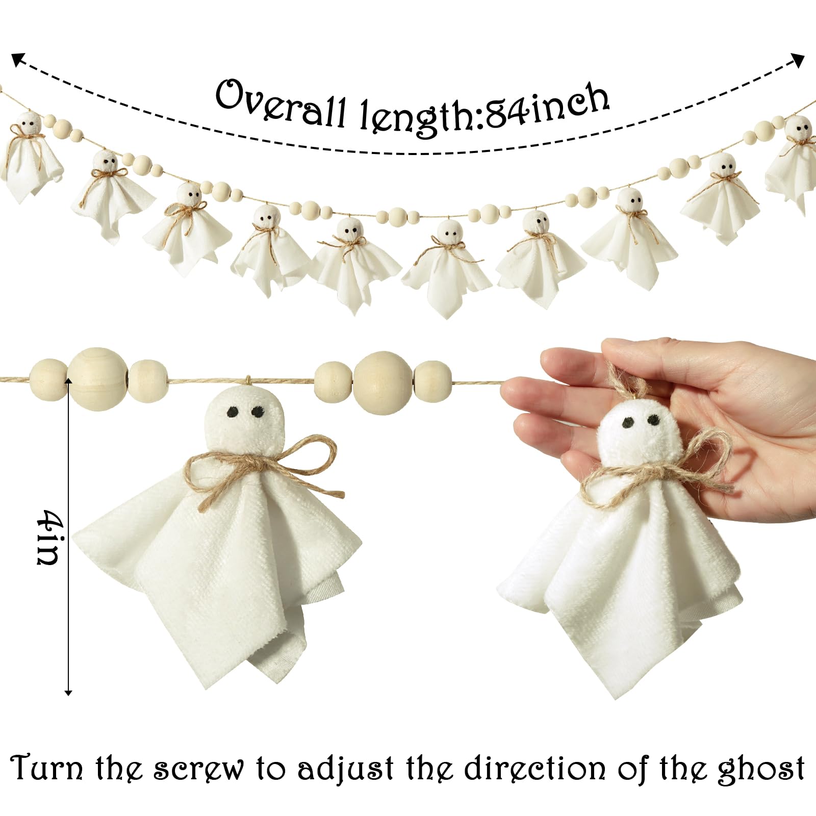 Felt Ghost Garland with Wooden Beads – 2M Handmade White Halloween Banner for Mantle, Fireplace & Wall Décor (White)