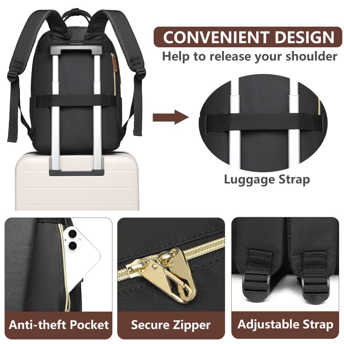 Women’s 15.6” Laptop Backpack with USB Charging Port – Large Waterproof Work & Travel Backpack with Anti-Theft Design (Beige/Black/Brown)