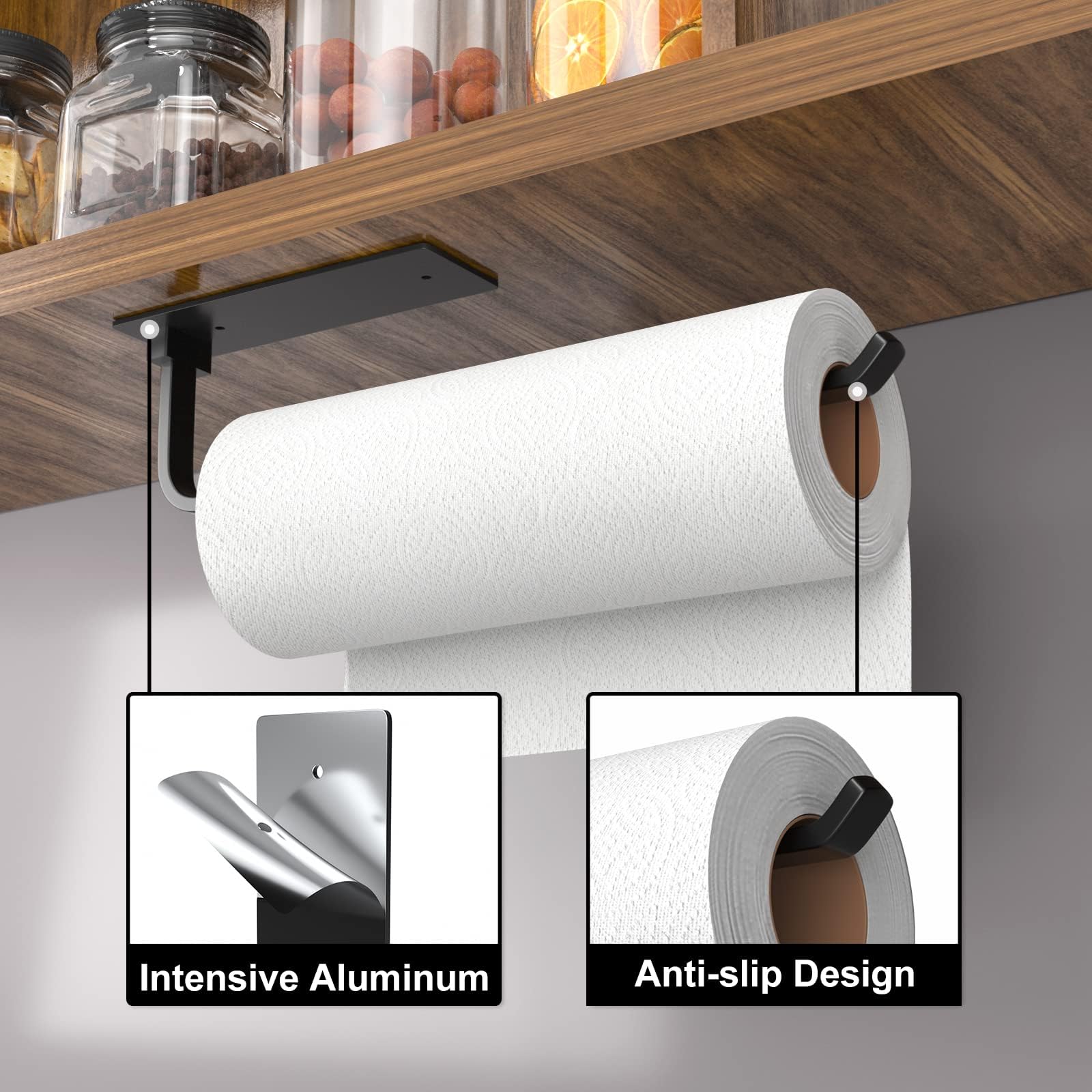 Matte Black Paper Towel Holder – Aluminum Kitchen Roll Dispenser, Adhesive or Drill Mount, Under Cabinet or Wall