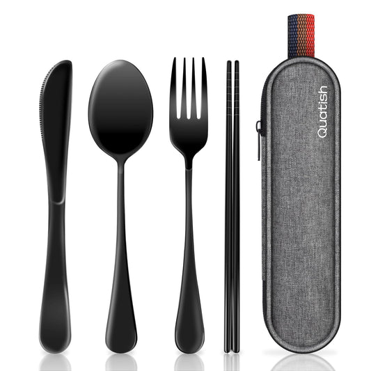 Portable Stainless Steel Travel Utensil Set with Case – Reusable Fork, Spoon, Knife & Chopsticks for Camping, Office & Lunch