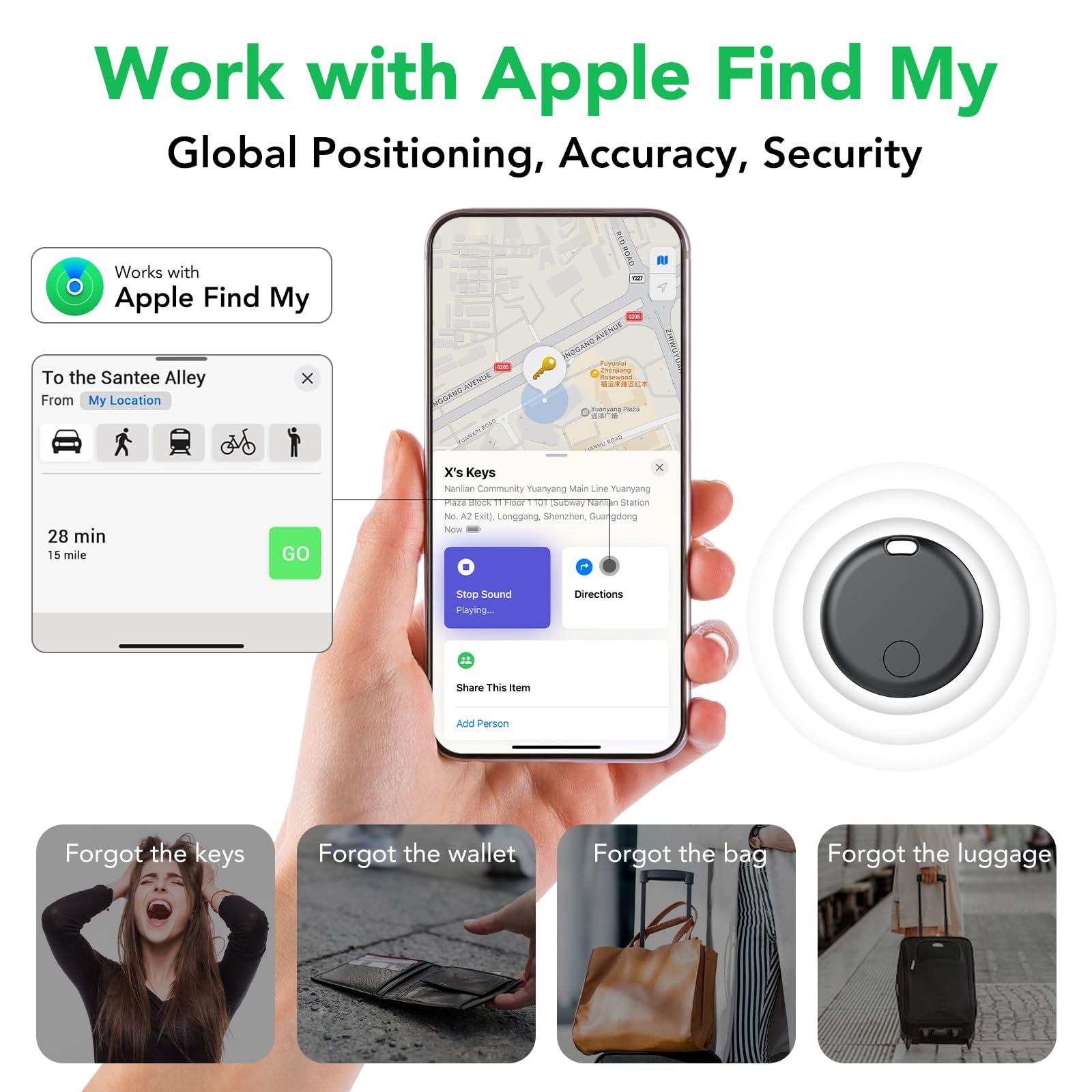 Apple Find My Bluetooth Tracker 4-Pack, Smart Key Finder and Luggage Locator with IP67 Waterproof and Replaceable Battery