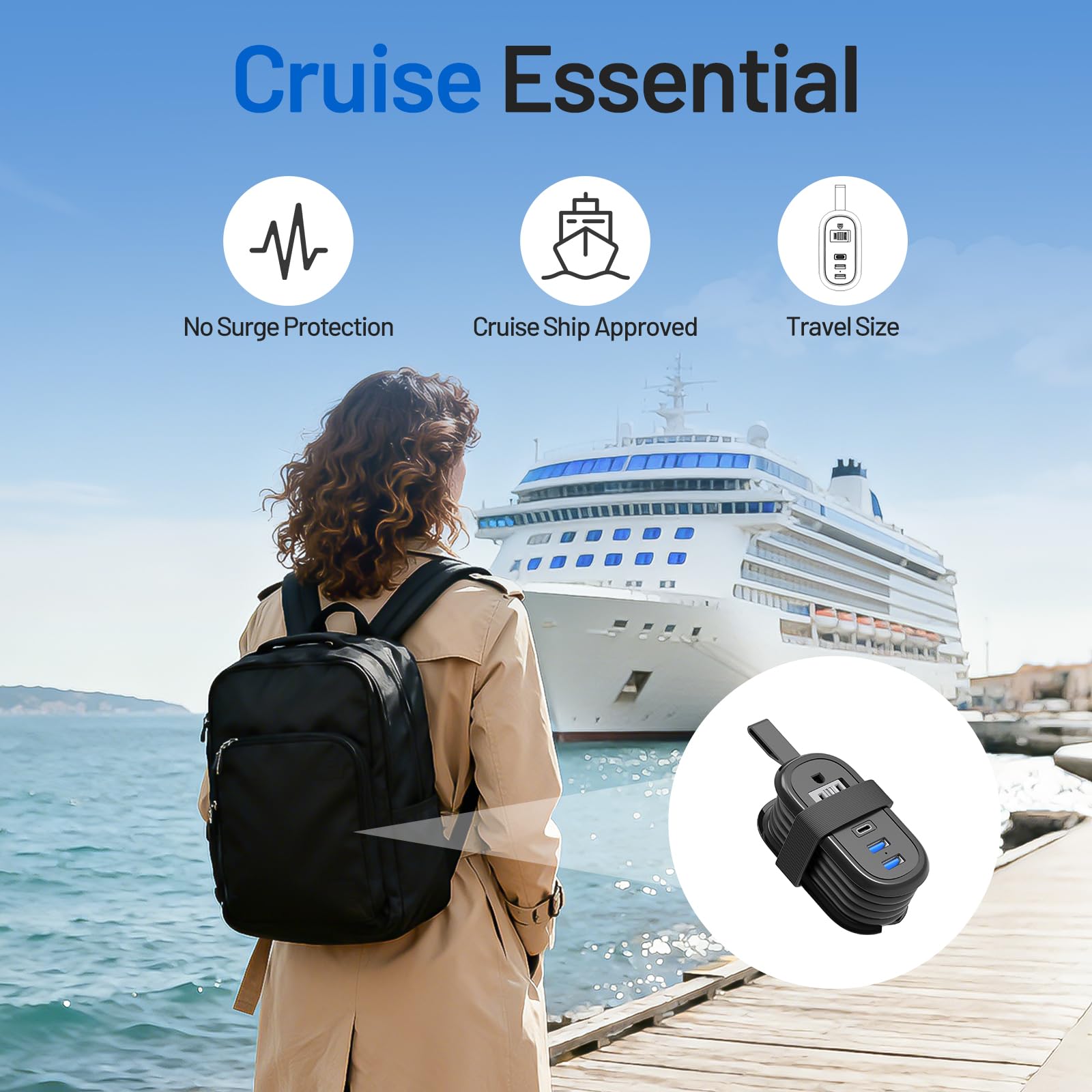 Mini Travel Power Strip with USB-C – Compact Extension Cord with 2 AC Outlets & USB Charging Ports for Travel