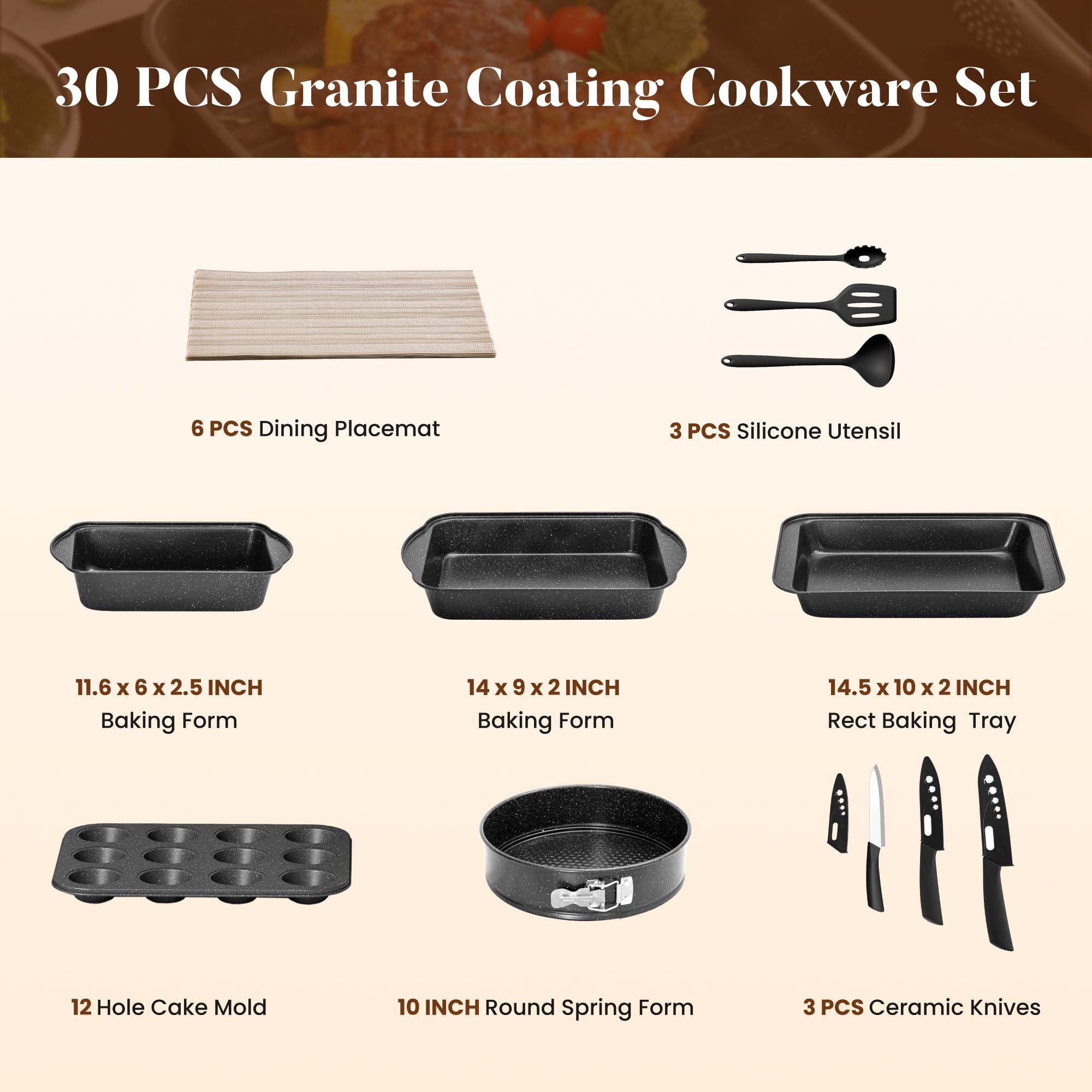 30-Piece Nonstick Granite Cookware & Bakeware Set with Induction Compatibility