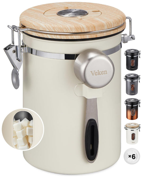Stainless Steel Coffee Canister with CO₂ Valve – Airtight Coffee Bean Storage with Date Tracker, Window & Scoop