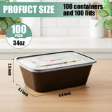 Disposable Lunch Boxes with Lids – 34oz Double Compartment Meal Prep Containers, 100 Pack (Black)